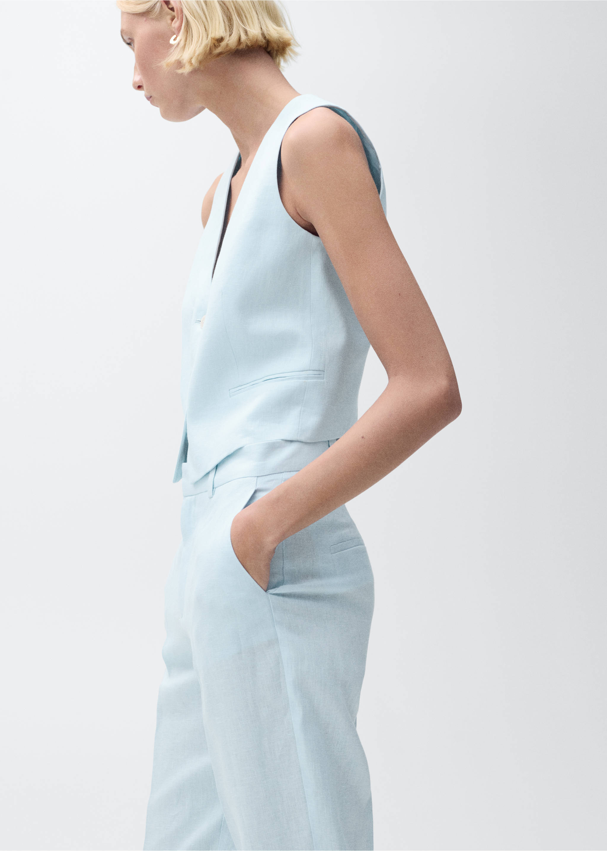 Linen suit trousers - Details of the article 1, Sky Blue. Ref: 87087162-00.