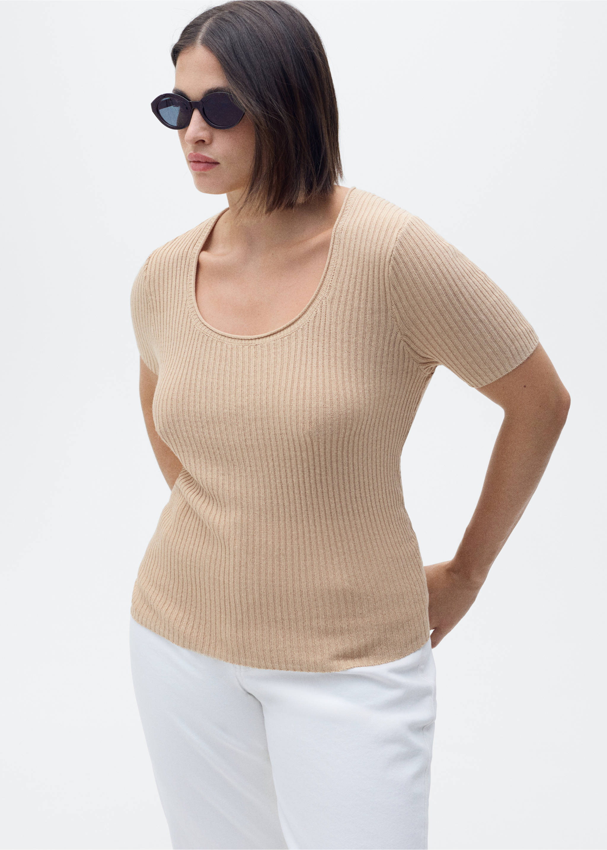 Strickpullover aus Leinengemisch - Detail des Artikels 5, Mittelbraun. Ref: 87087167-00.