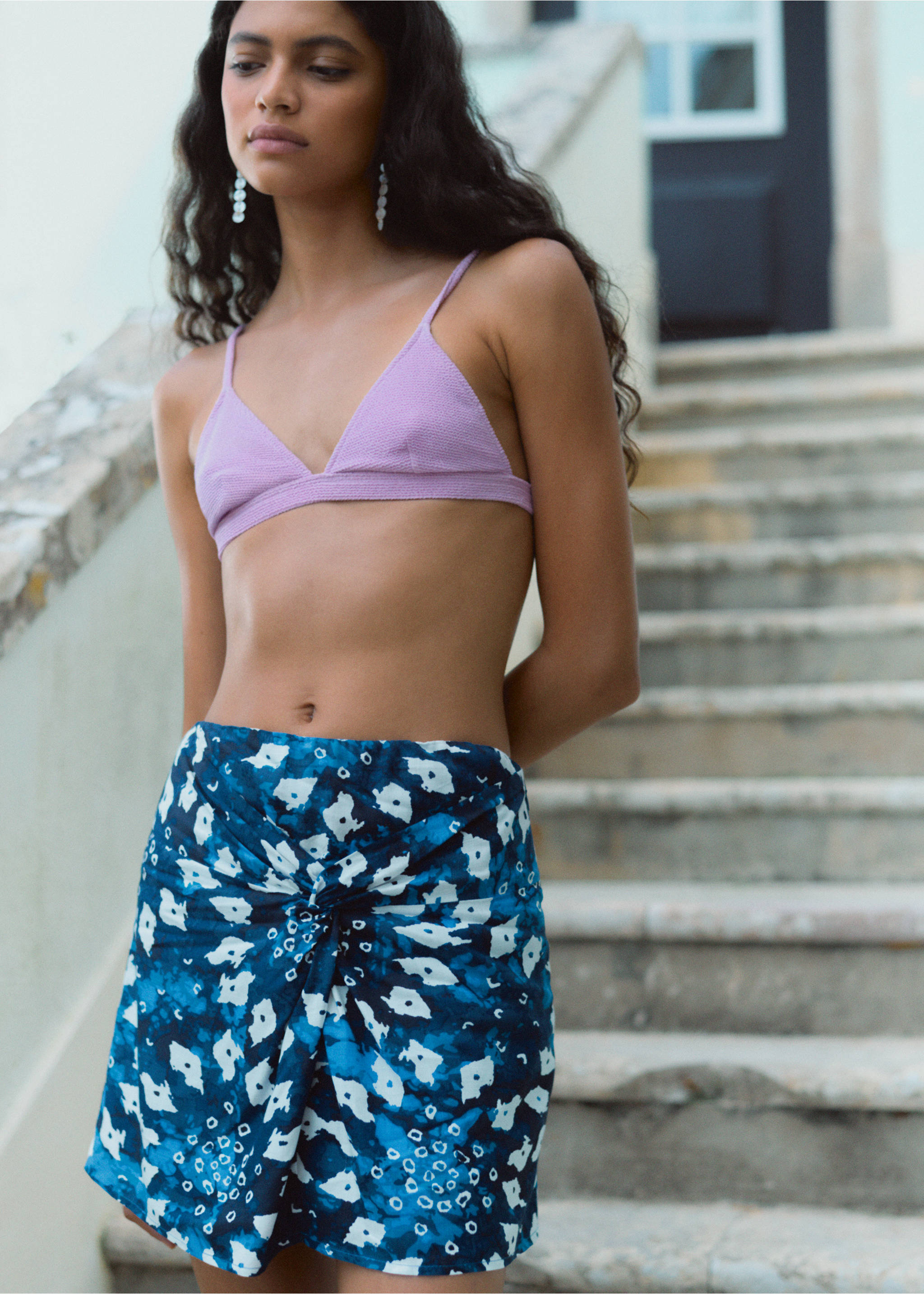 Printed sarong skirt - Details of the article 5, Navy. Ref: 87087185-00.