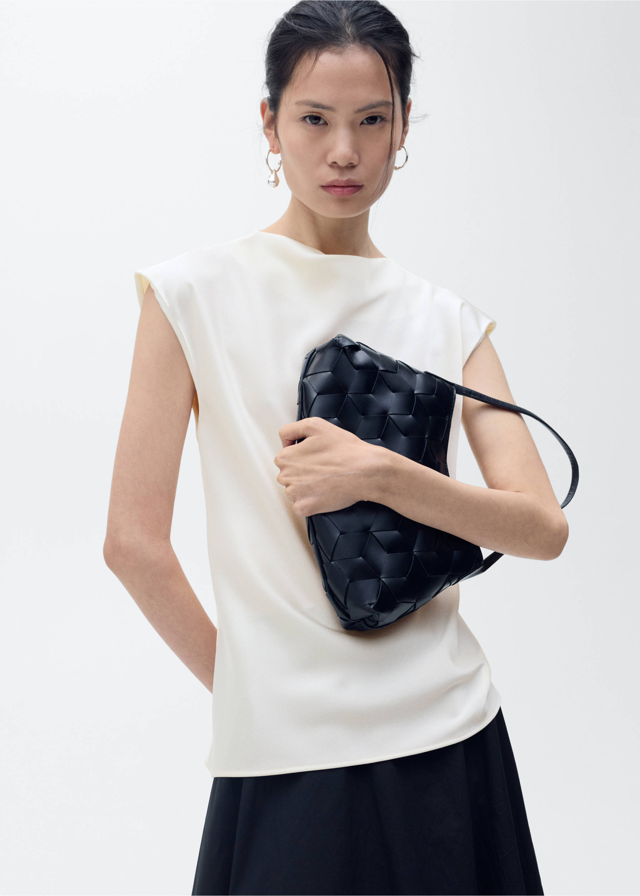 Satin blouse with draped neck - Medium plane, Off White. Ref: 87087191-00.