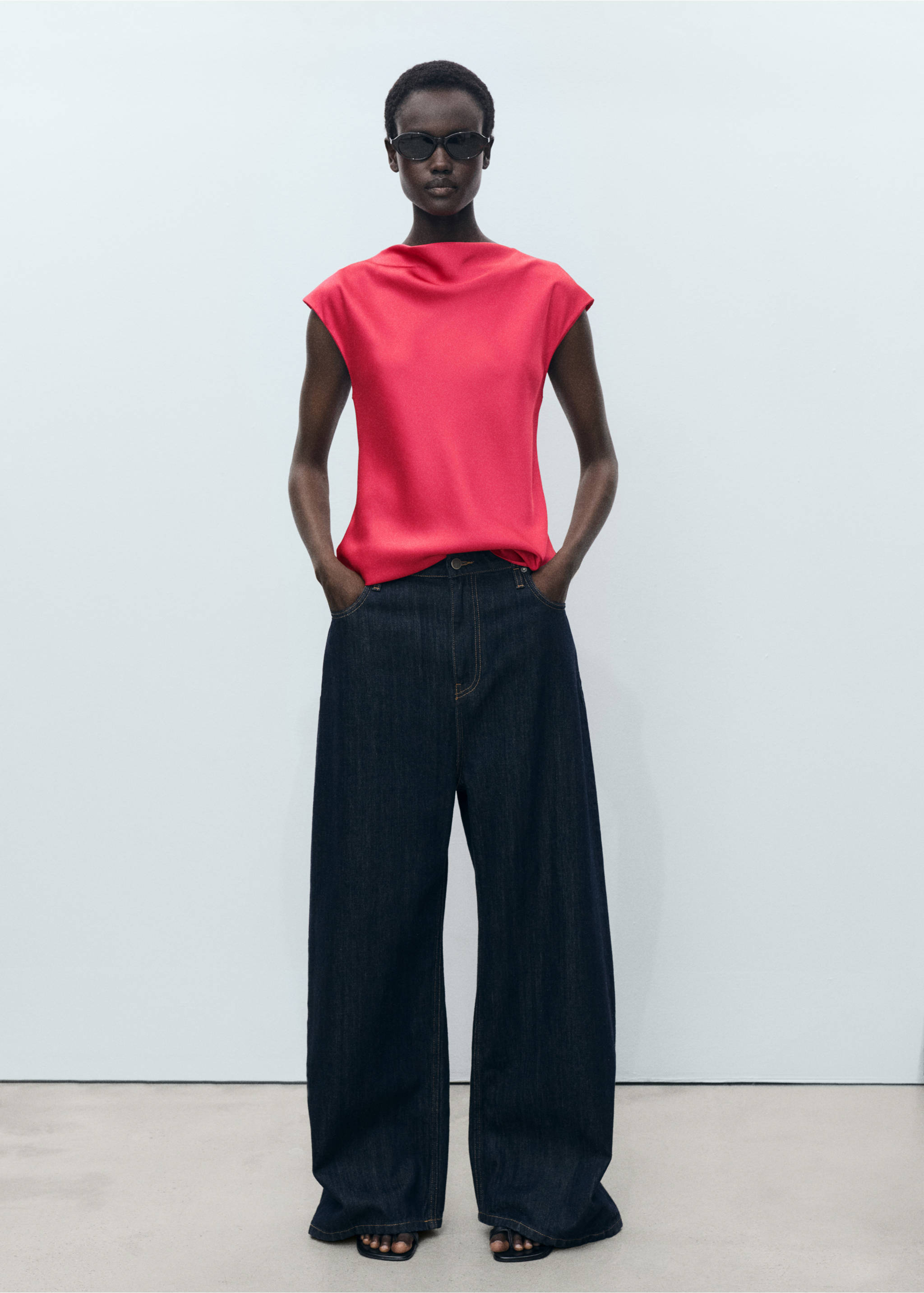 Satin blouse with draped neck - General plane, Strawberry. Ref: 87087191-00.