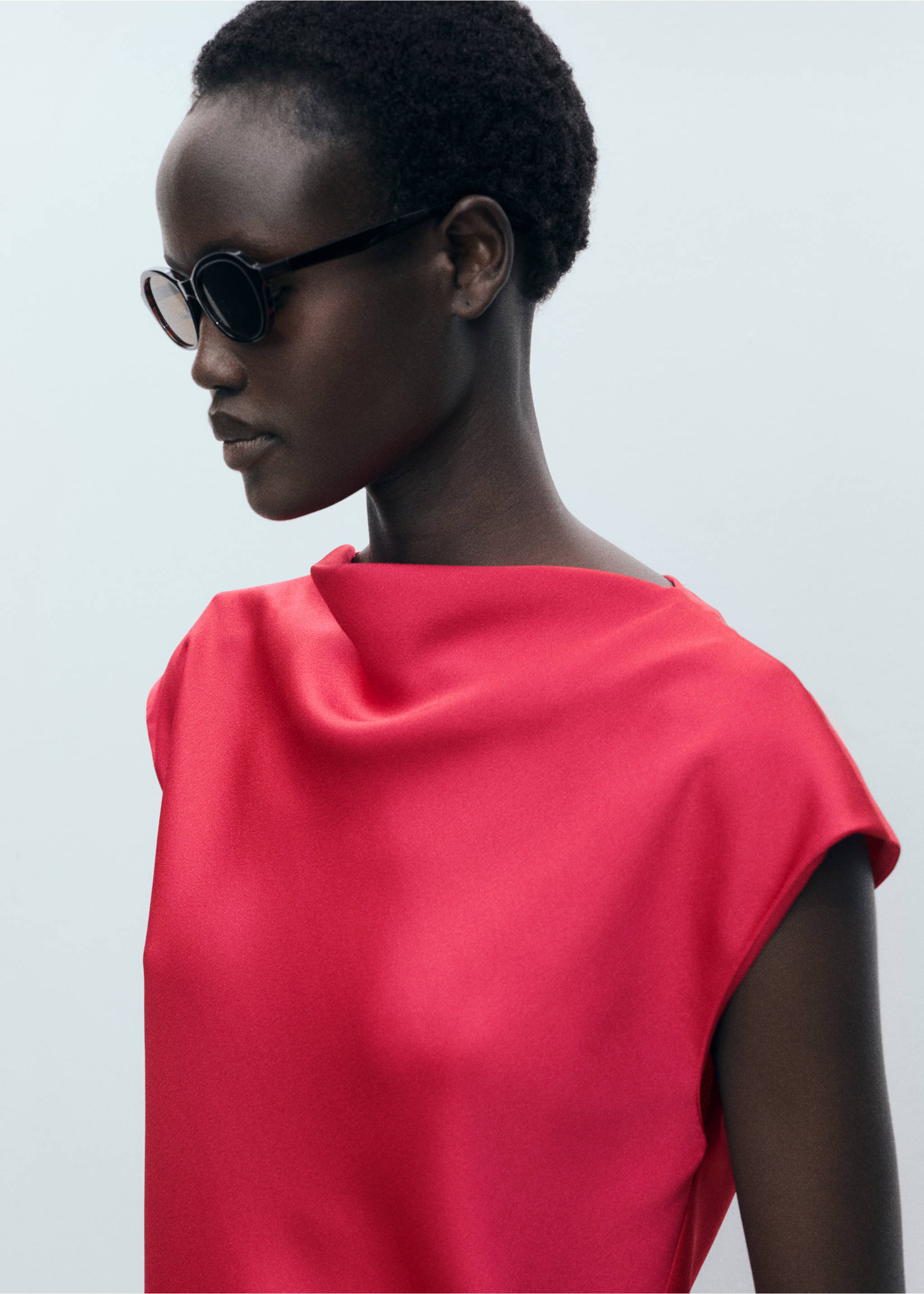 Satin blouse with draped neck - Details of the article 1, Strawberry. Ref: 87087191-00.