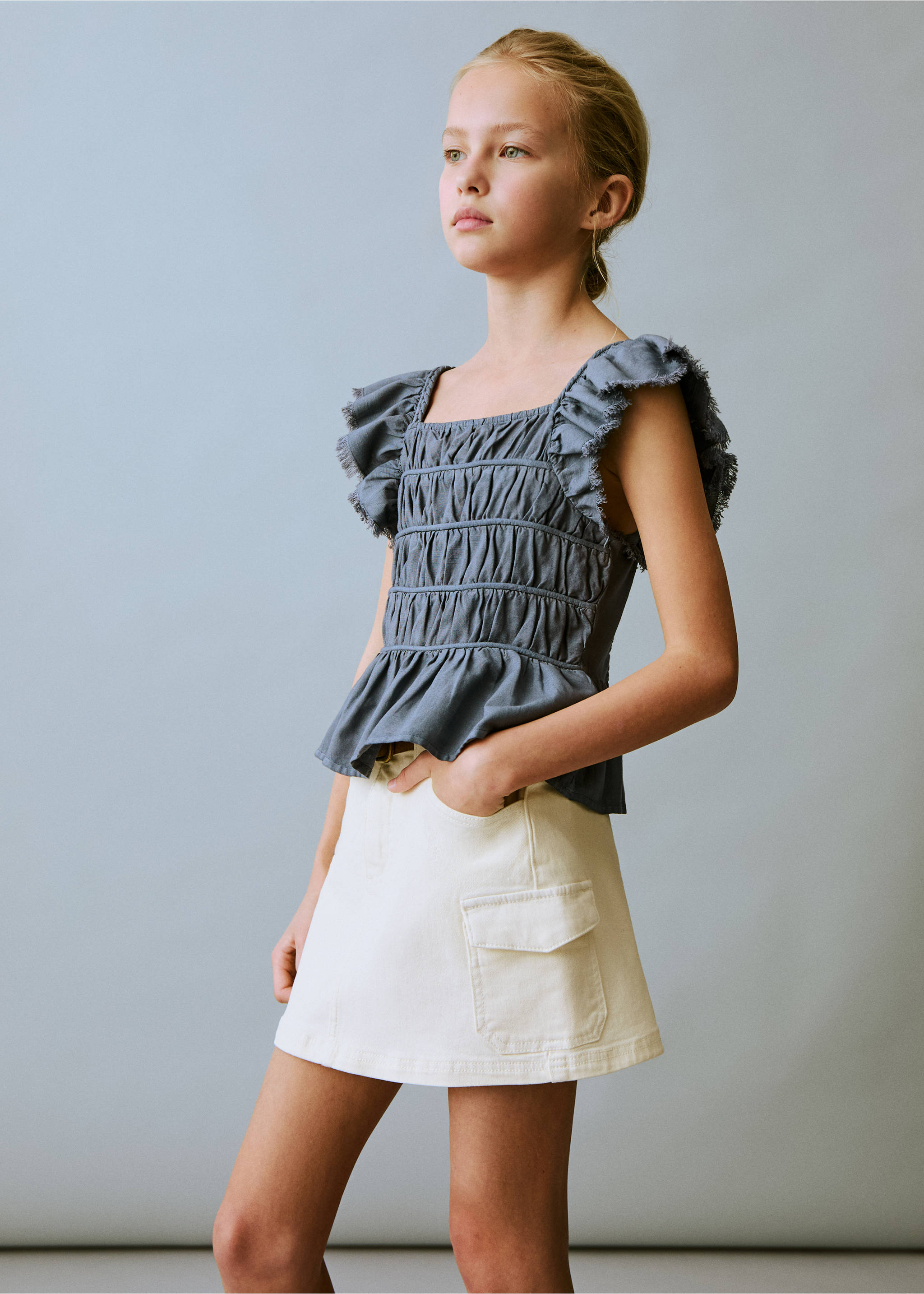 Denim cargo skirt - Medium plane, Ecru. Ref: 87087670-00.
