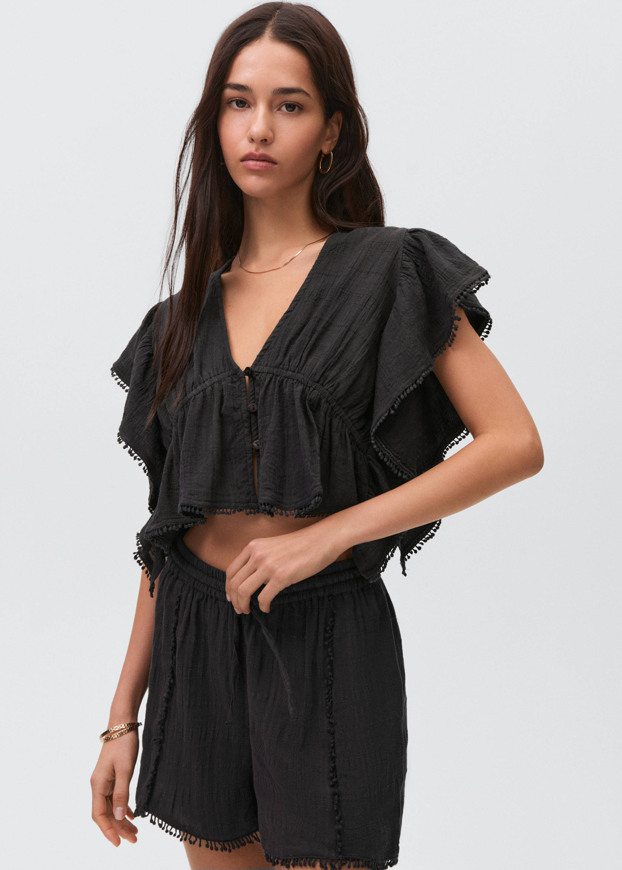 Crop-Bluse mit Rüschen - Mittlere Ansicht