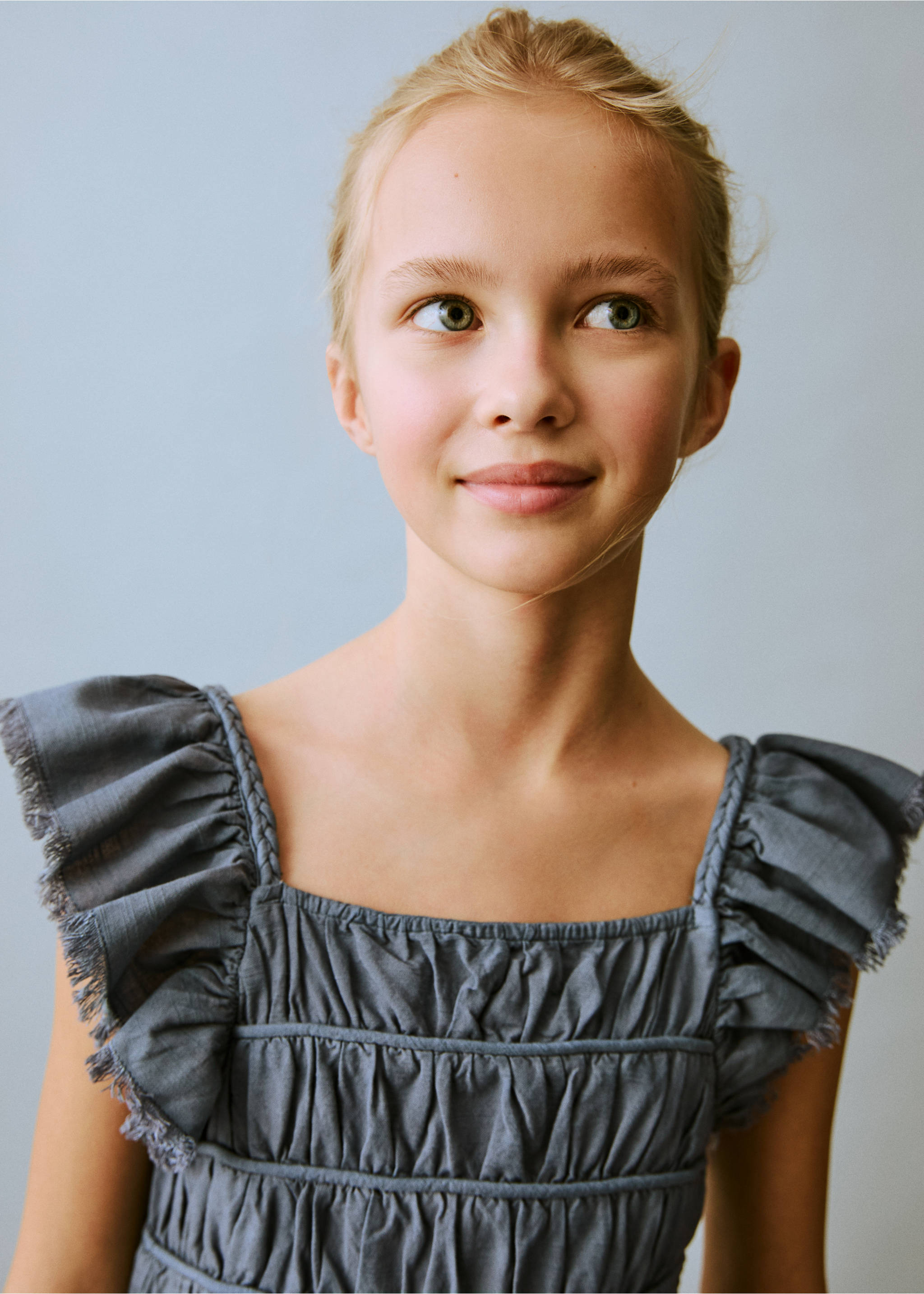 Ruched blouse with ruffles - Details of the article 1, Blue. Ref: 87087700-00.