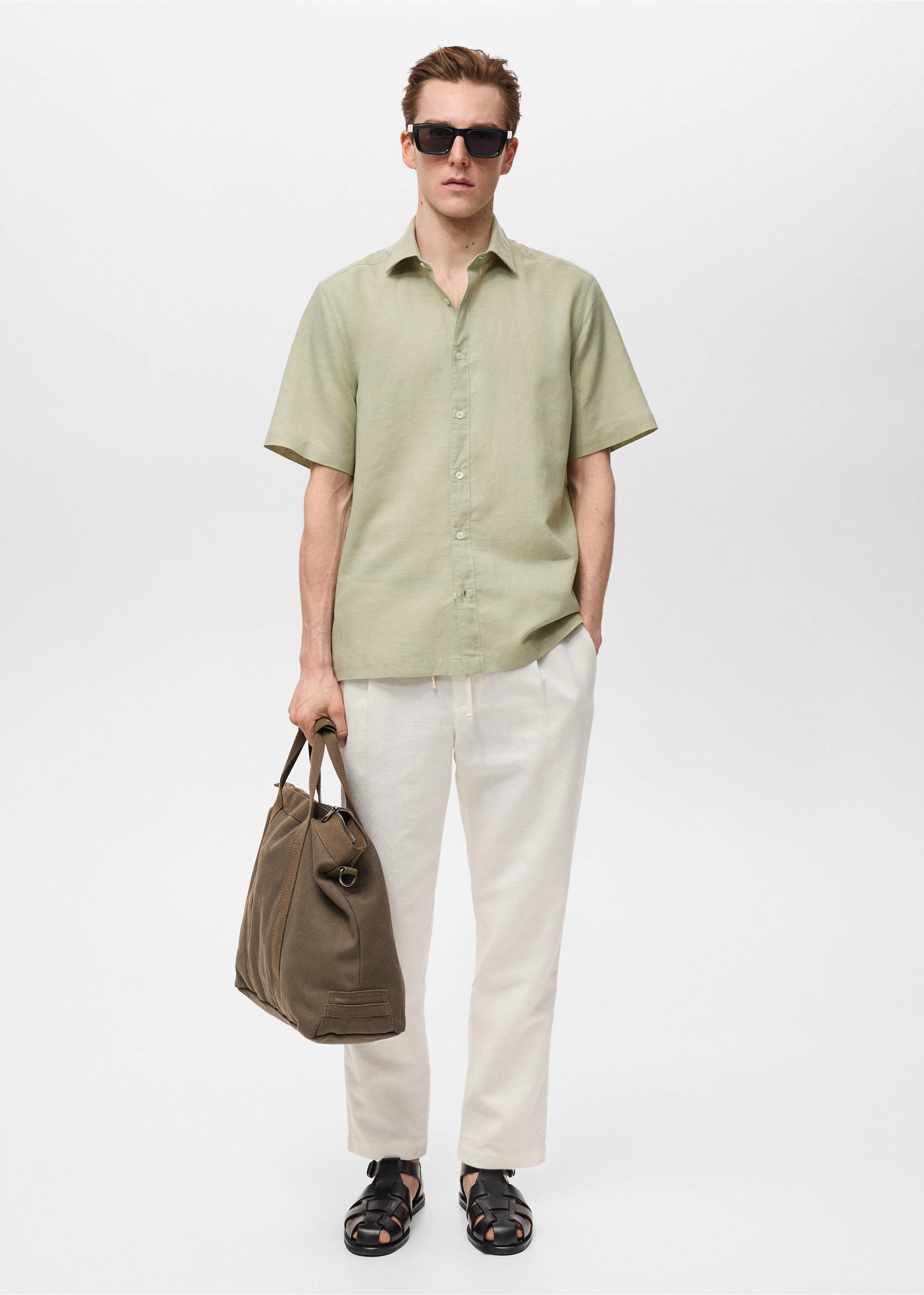 Kurzärmliges Leinenhemd - Allgemeine Ansicht, Pastellgrün. Ref: 87087889-00.