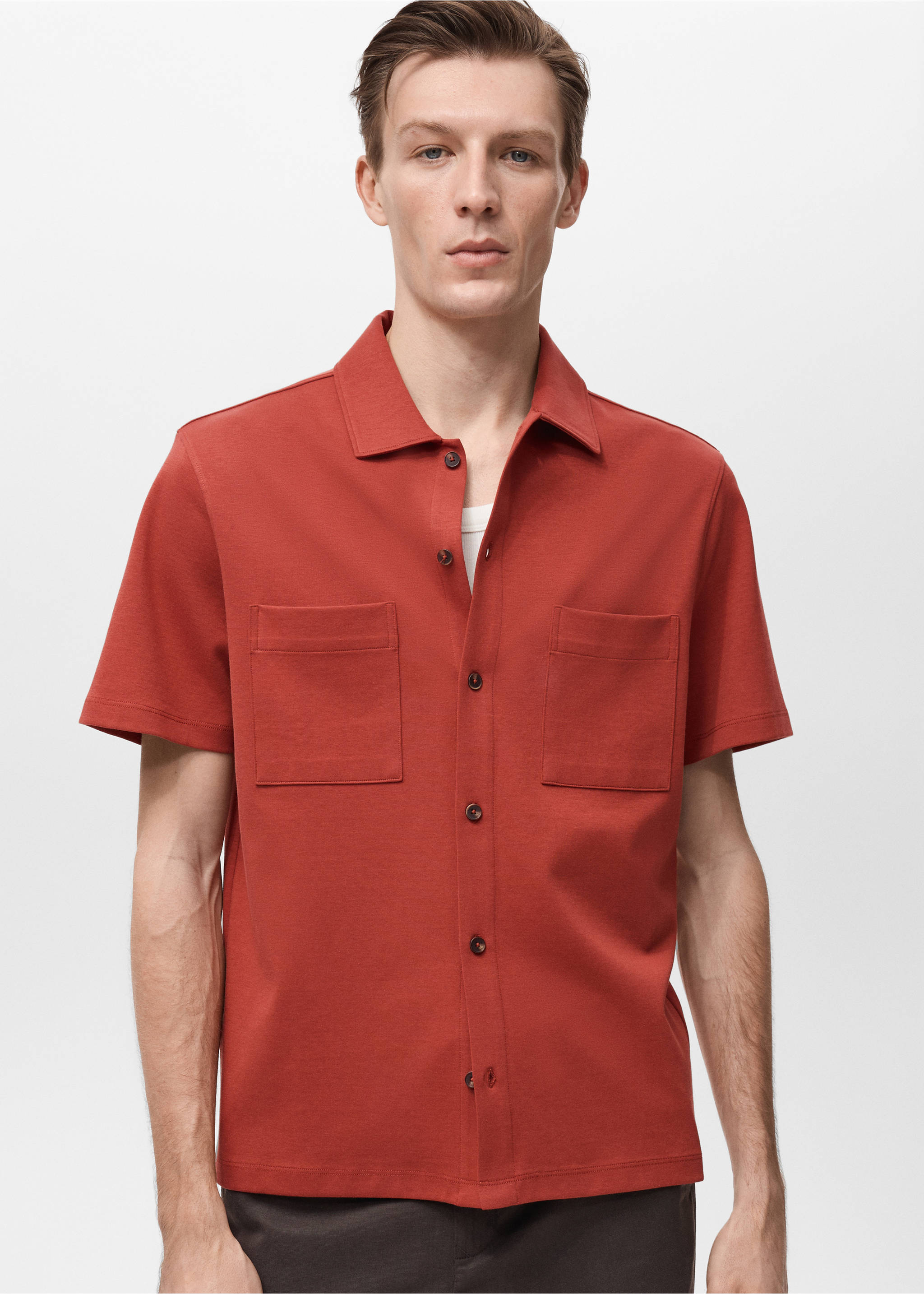 Chest-pocket cotton shirt - Medium plane, Red. Ref: 87087893-00.