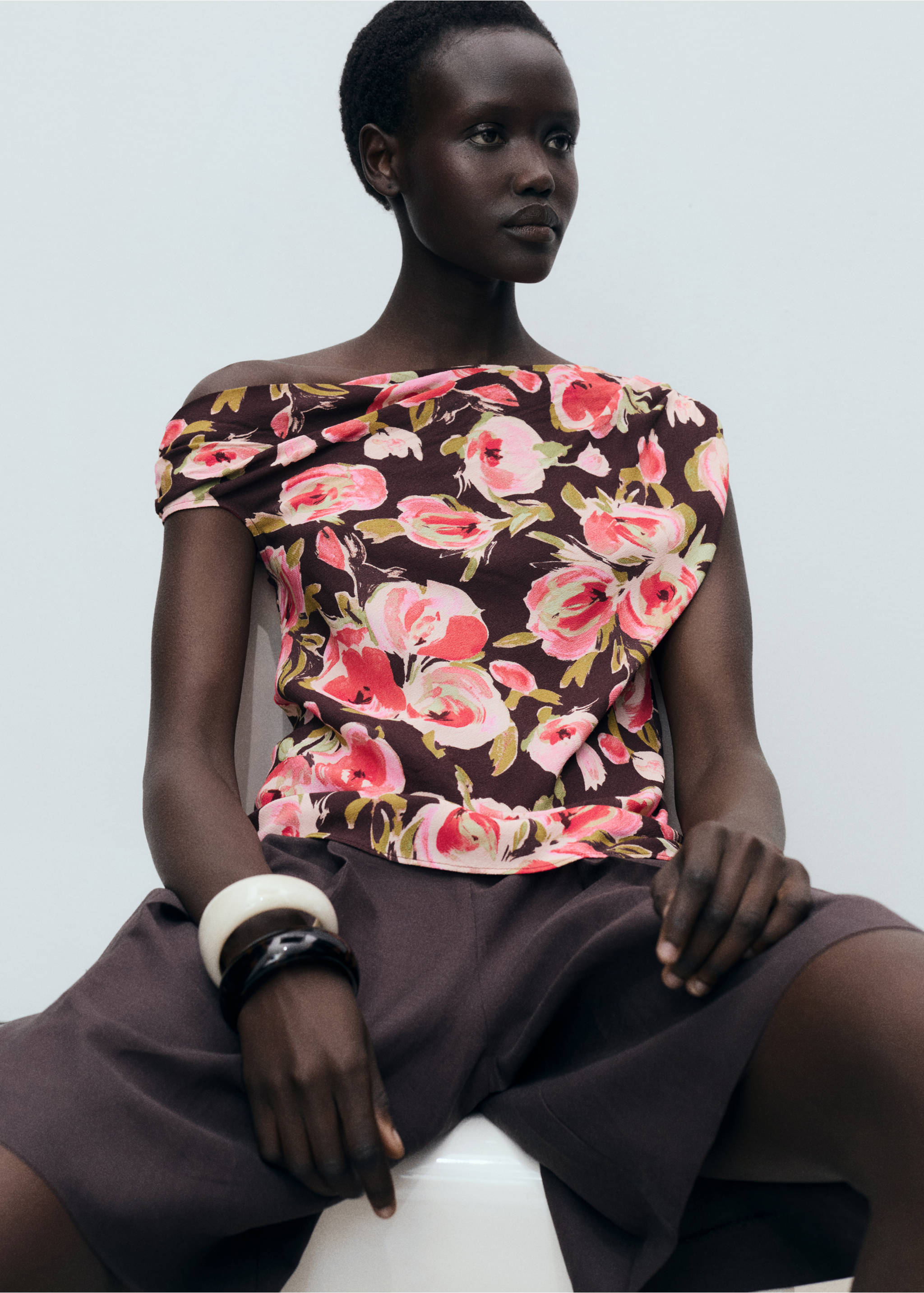 Floral blouse with asymmetrical neck - Details of the article 1, Brown. Ref: 87087905-00.