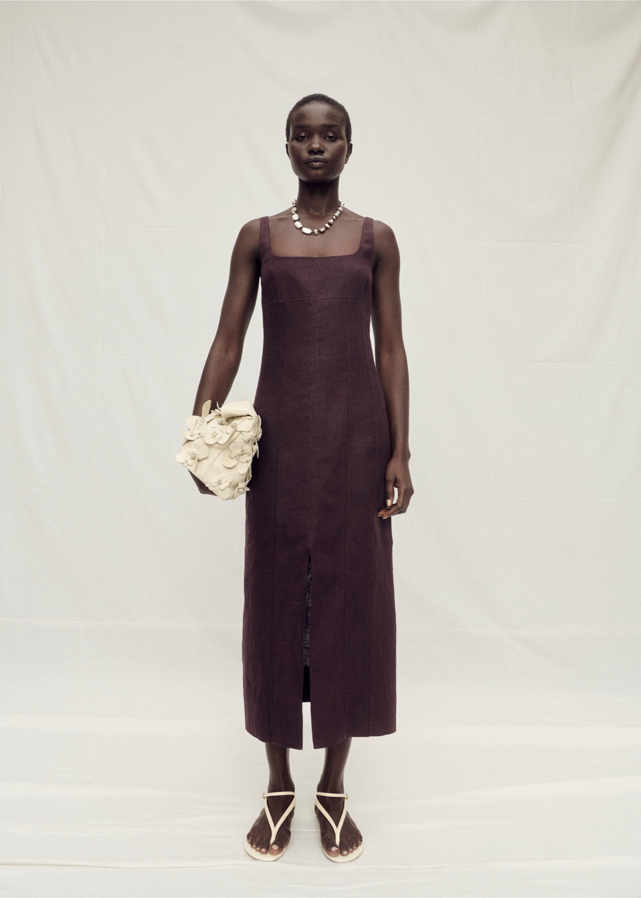 Linen midi-dress with front opening - General plane, Brown. Ref: 87087906-00.