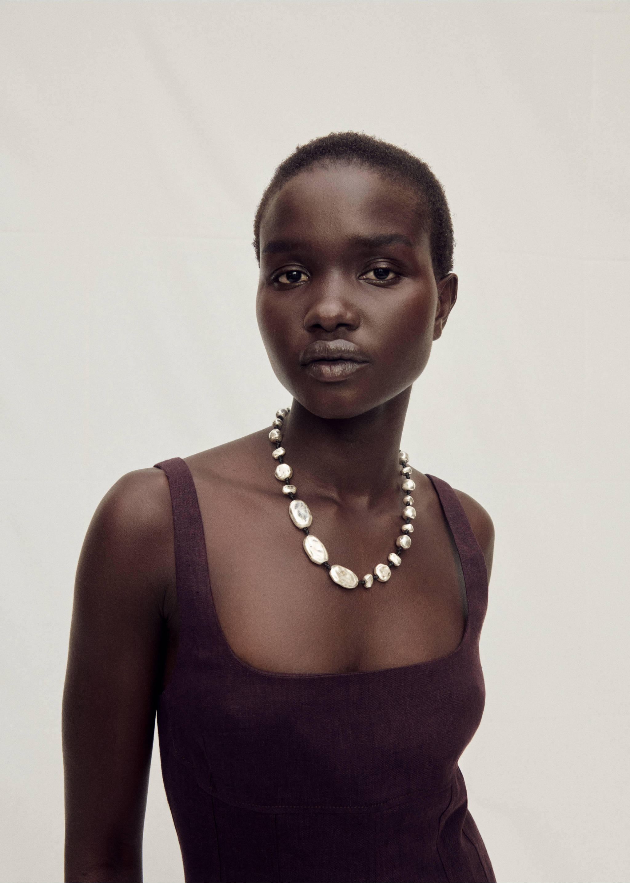 Linen midi-dress with front opening - Details of the article 1, Brown. Ref: 87087906-00.