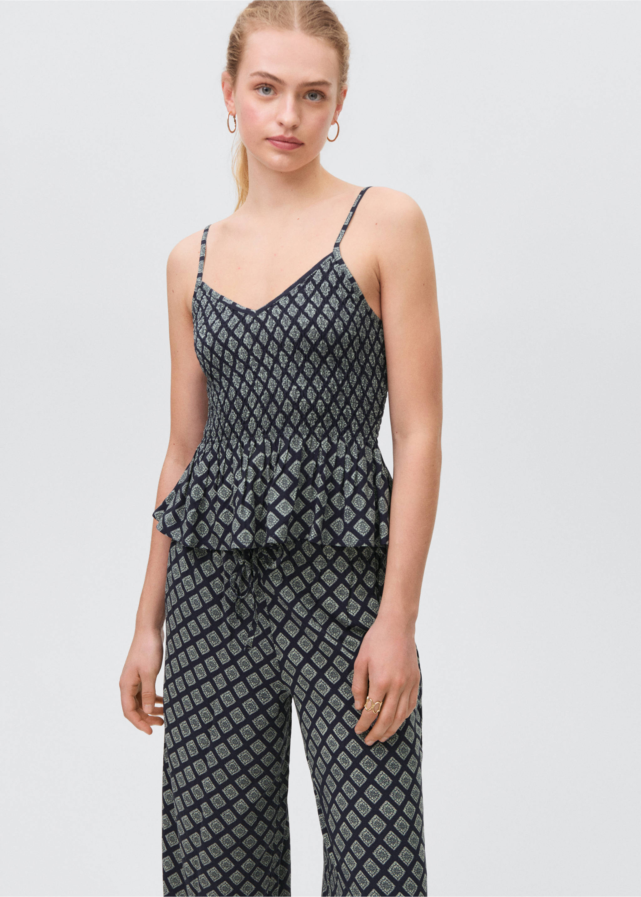 Ruffle printed top - Medium plane, Navy. Ref: 87088264-00.