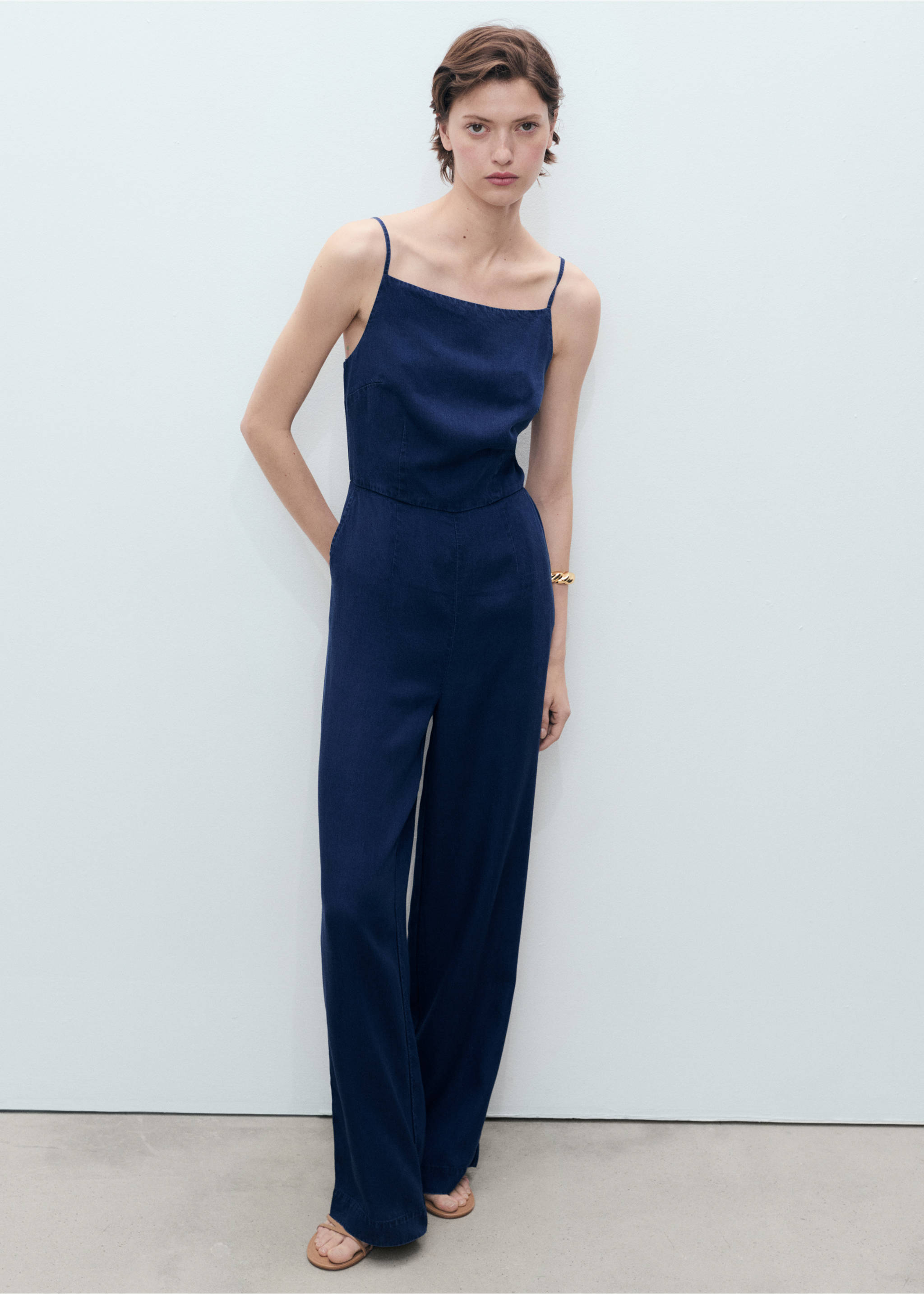 Long denim-effect jumpsuit - General plane, Dark Blue. Ref: 87088641-00.