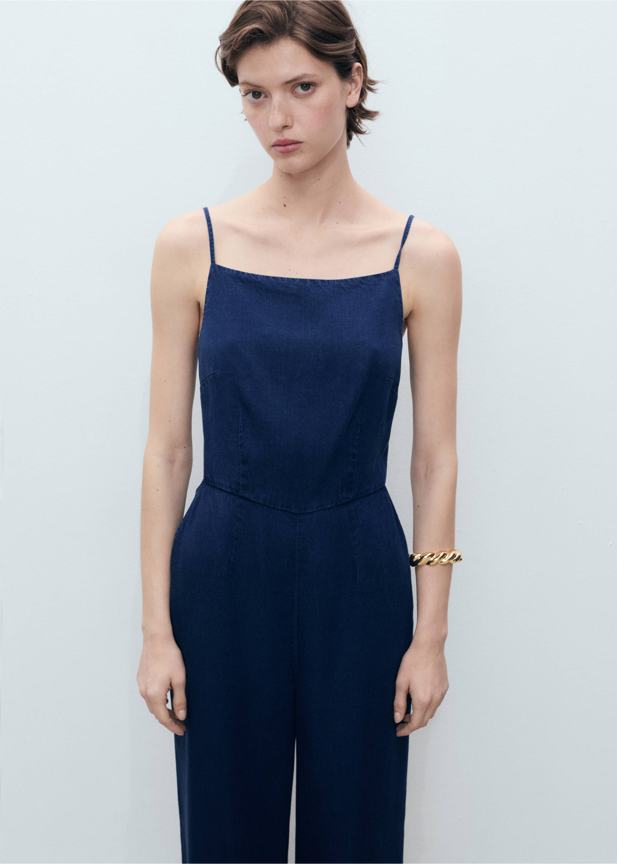 Long denim-effect jumpsuit - Medium plane, Dark Blue. Ref: 87088641-00.