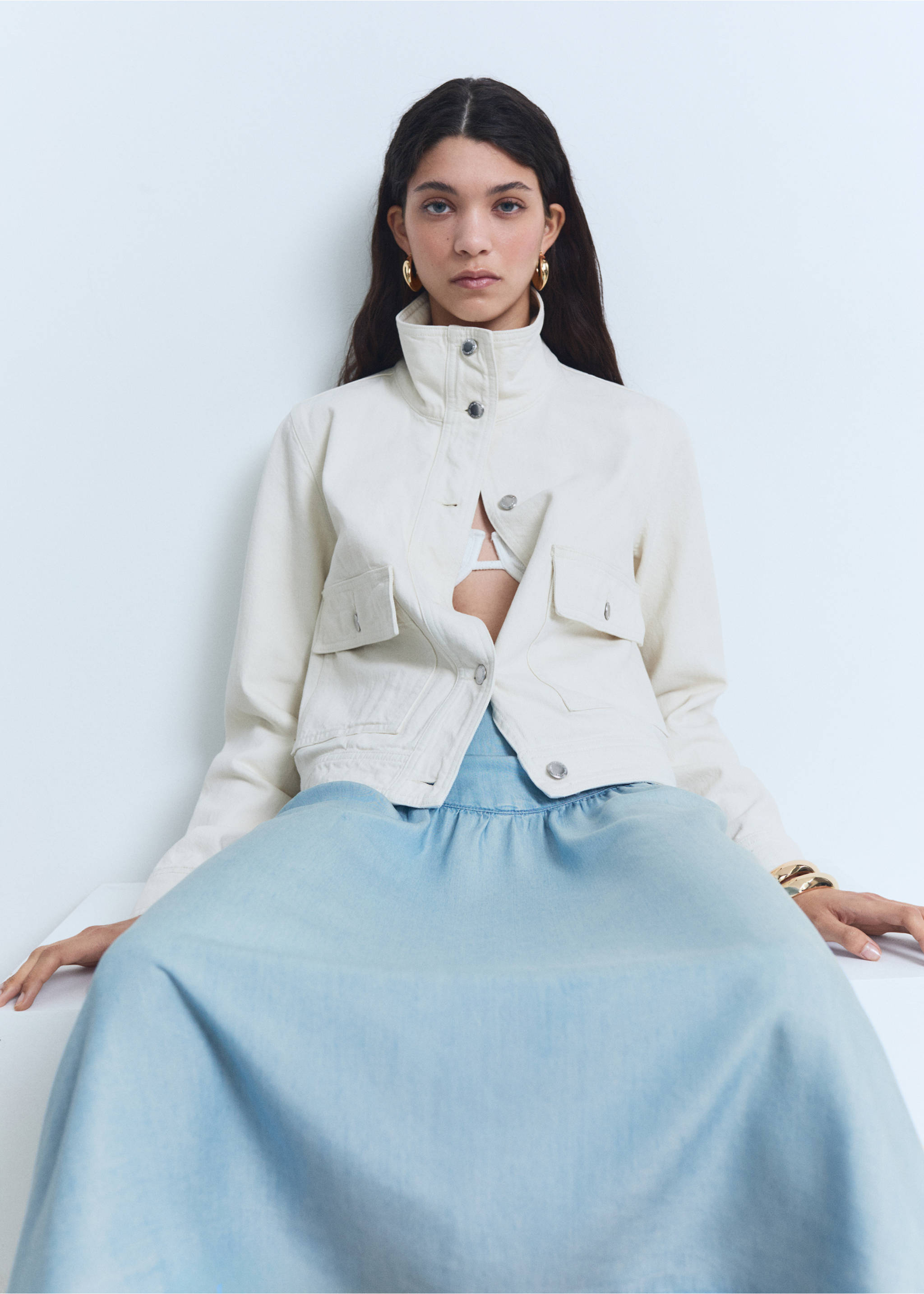 Falda midi soft denim detalle fruncido - Detalle del artículo 2, Azul medio. Ref: 87088651-00.