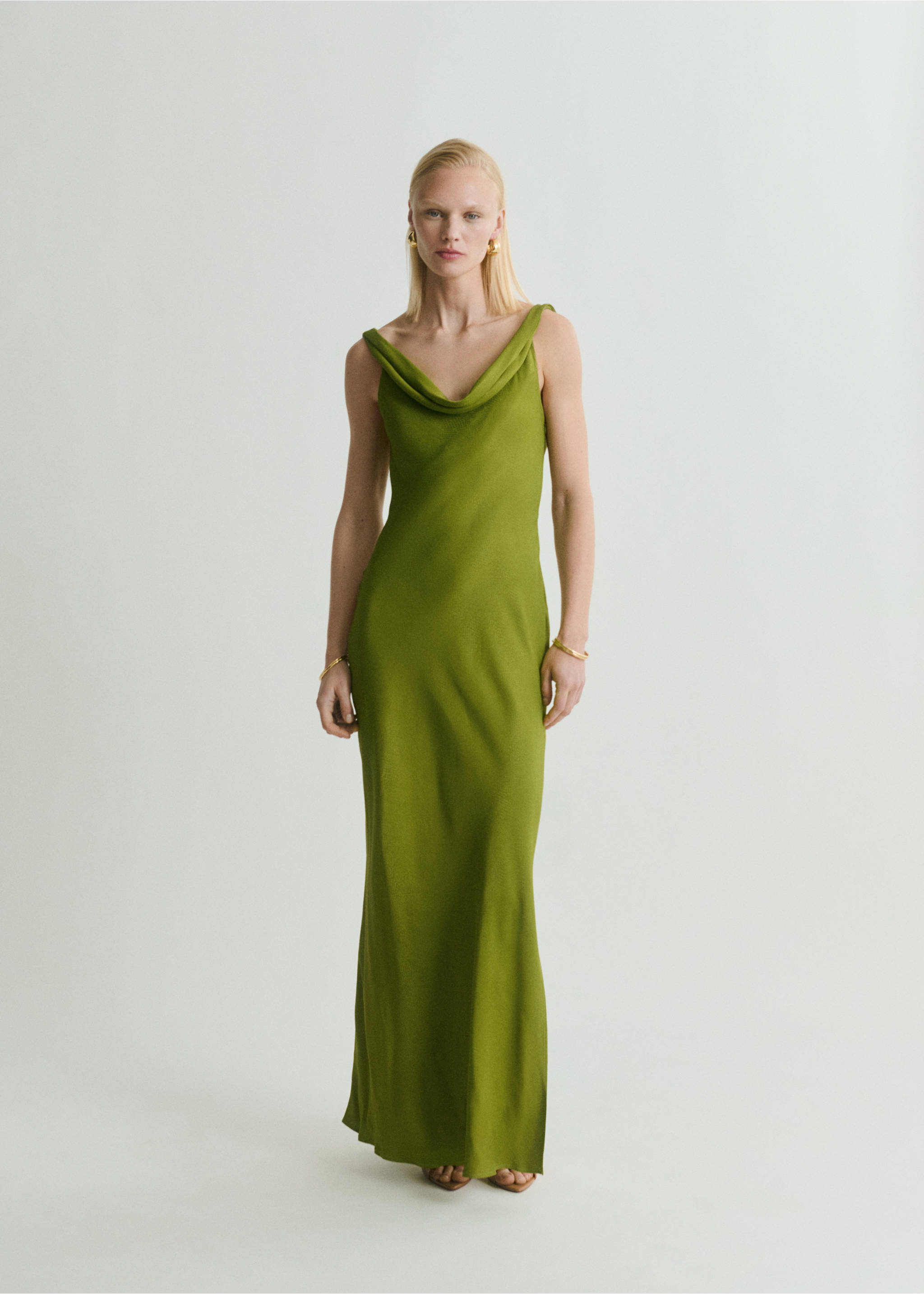 Textured dress with draped neckline - General plane, Green. Ref: 87088652-00.