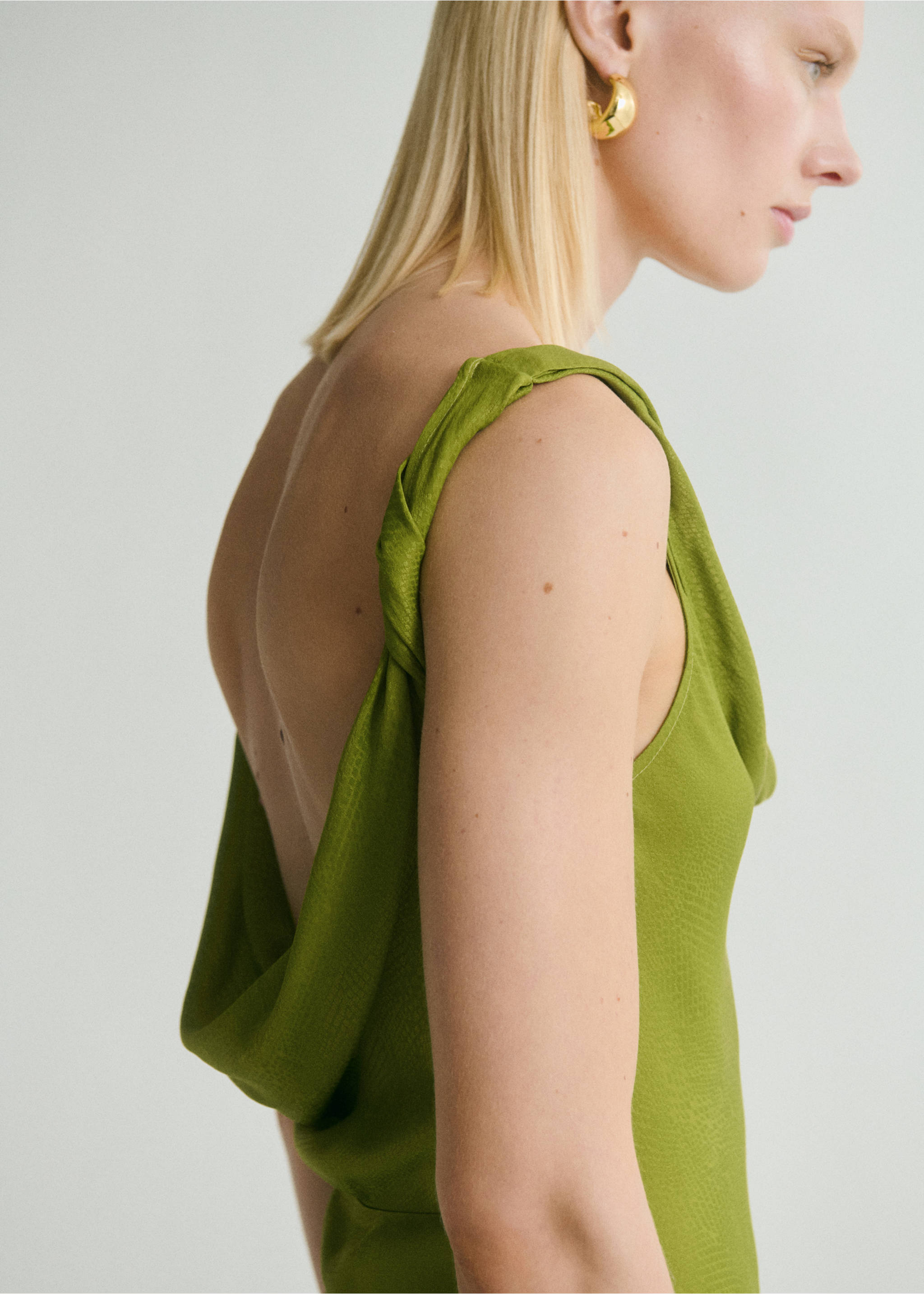Textured dress with draped neckline - Details of the article 1, Green. Ref: 87088652-00.