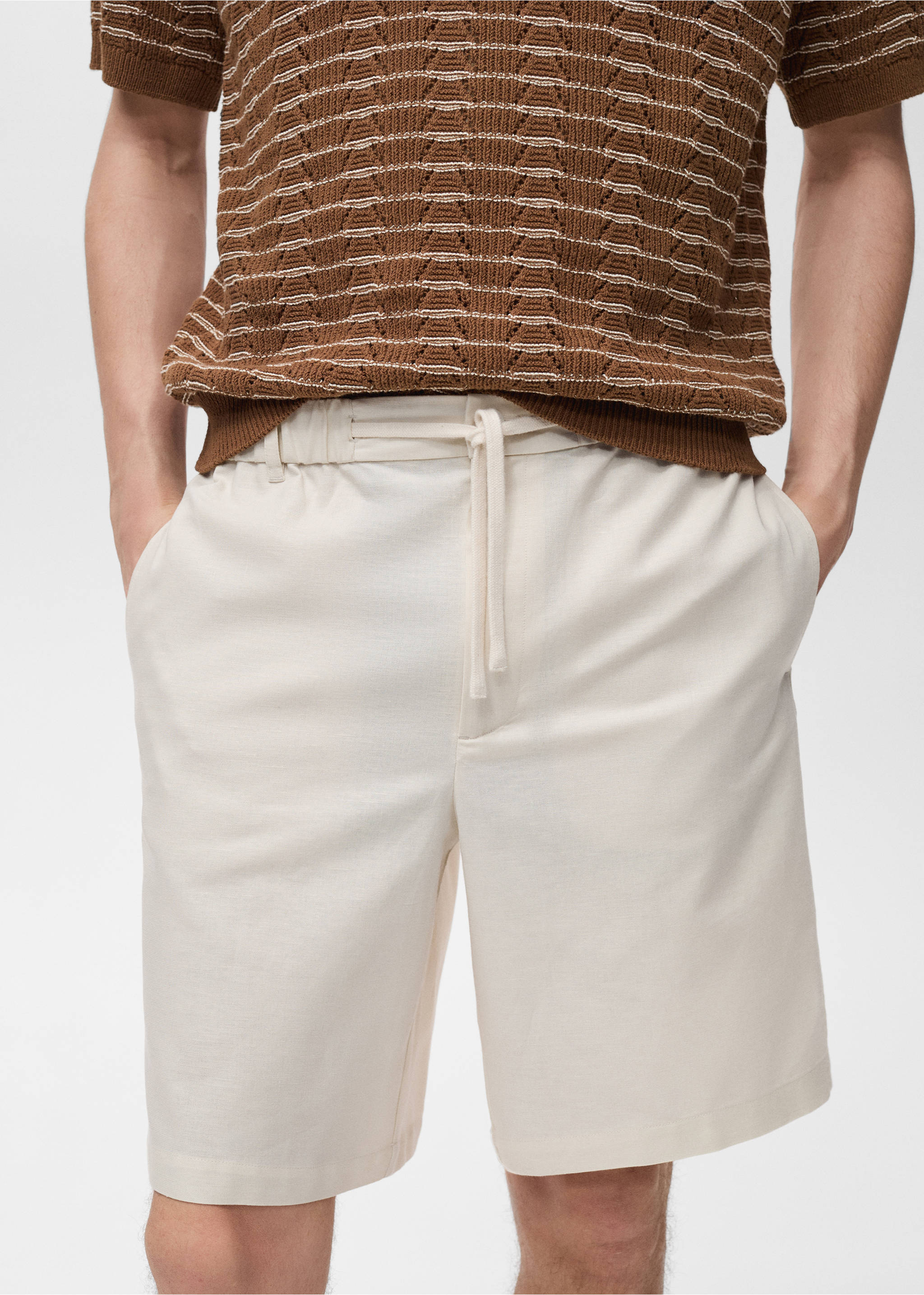 Cotton-linen blend bermuda shorts - Details of the article 1, Ivory White. Ref: 87089204-00.