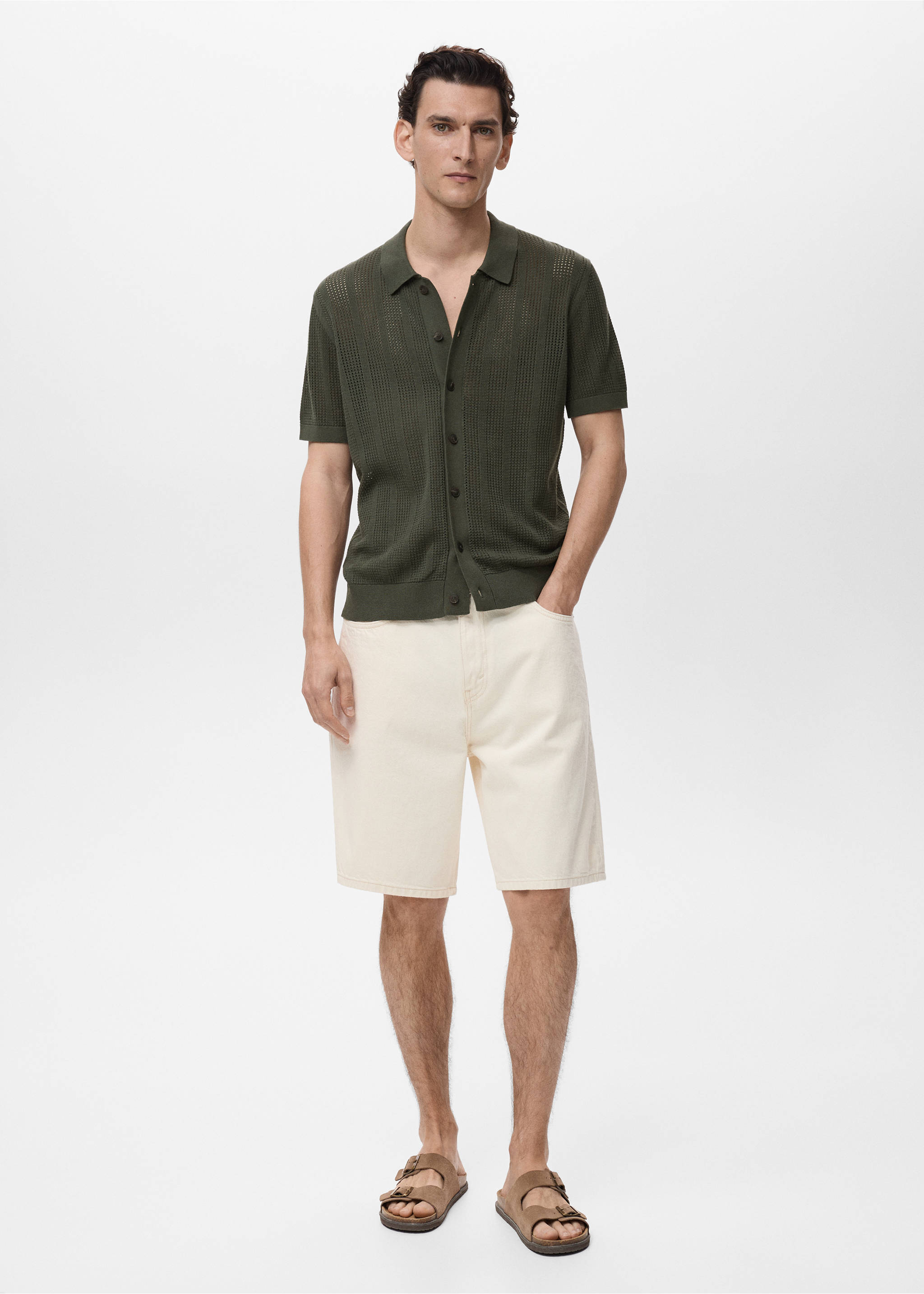 Camisa de malha rendada com estrutura às riscas - Plano geral, Caqui. Ref: 87089211-00.