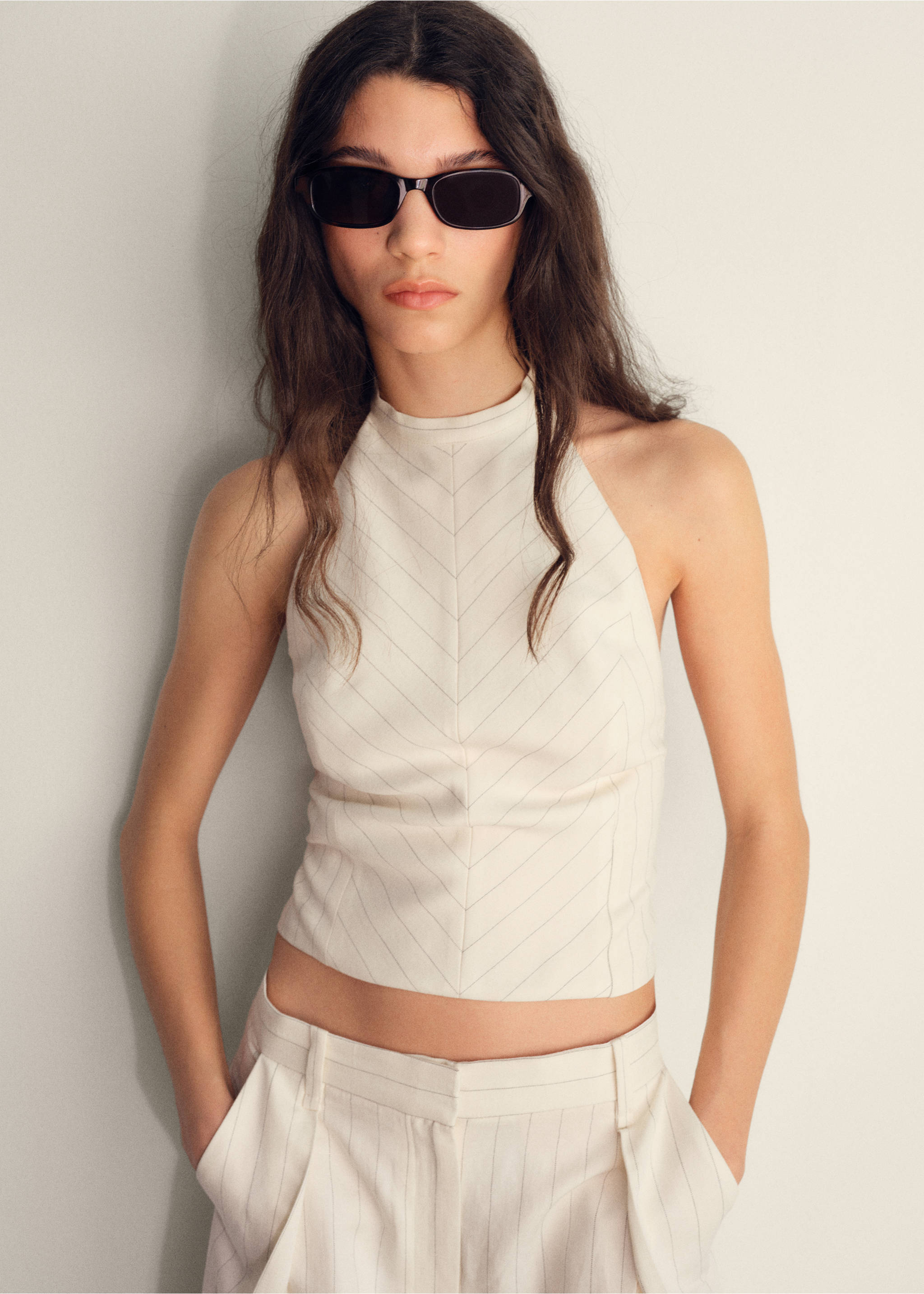 Striped halter-neck top - Details of the article 3, Off White. Ref: 87089217-00.