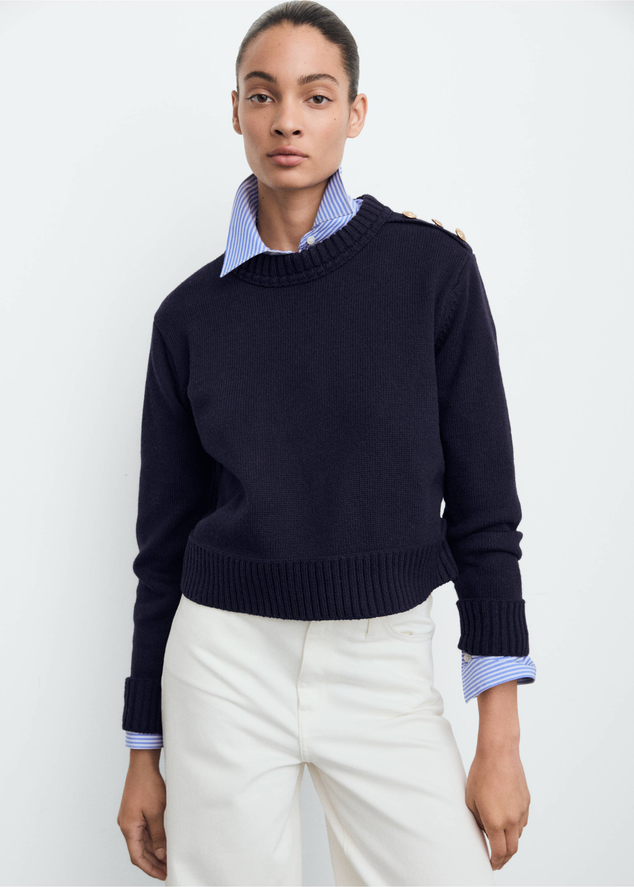 Pull-over maille boutons bijoux - Plan moyen, Bleu marine foncé. Ref: 87090419-00.