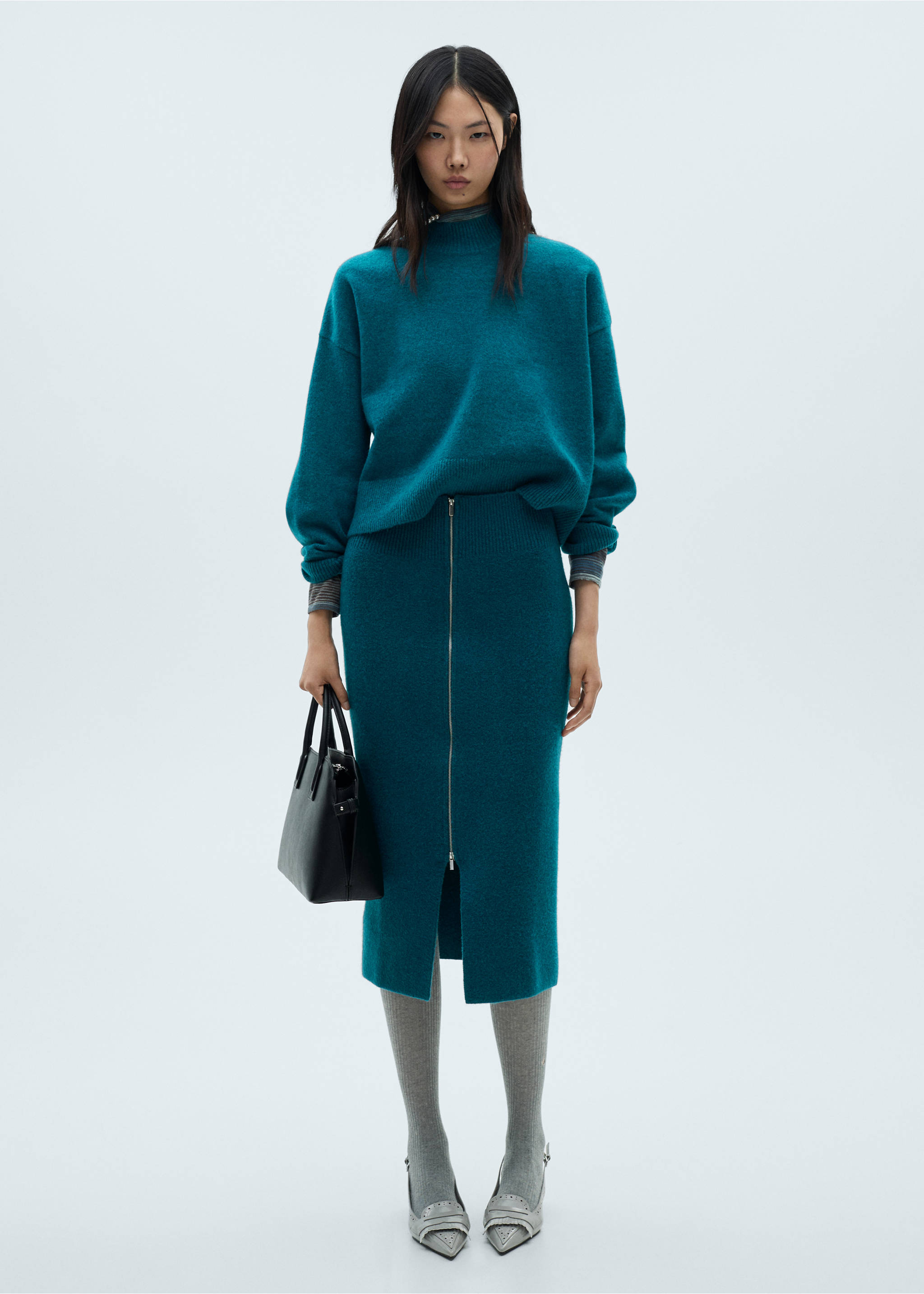 Zipper knit midi skirt - General plane, Green. Ref: 87090435-00.