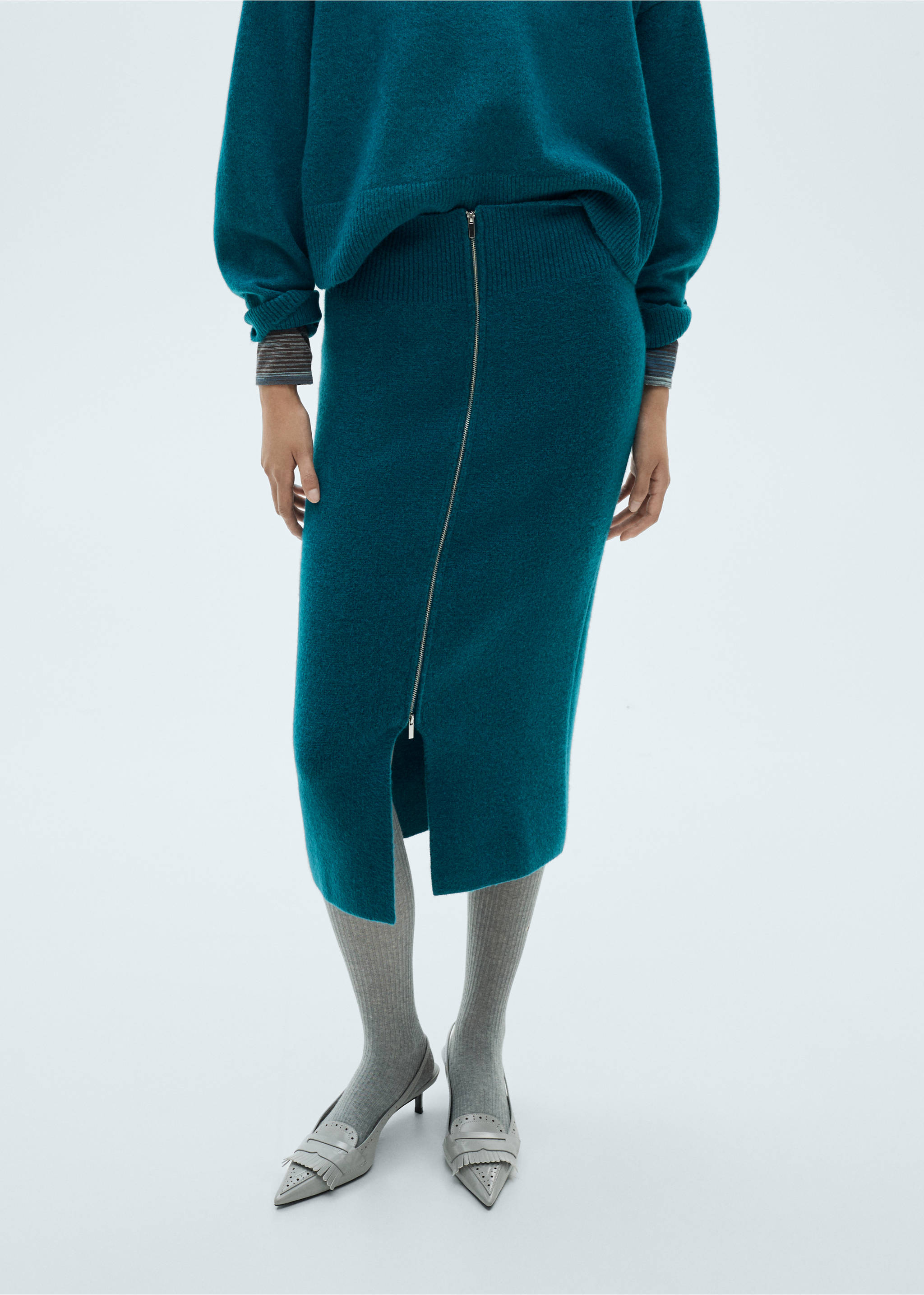 Zipper knit midi skirt - Medium plane, Green. Ref: 87090435-00.