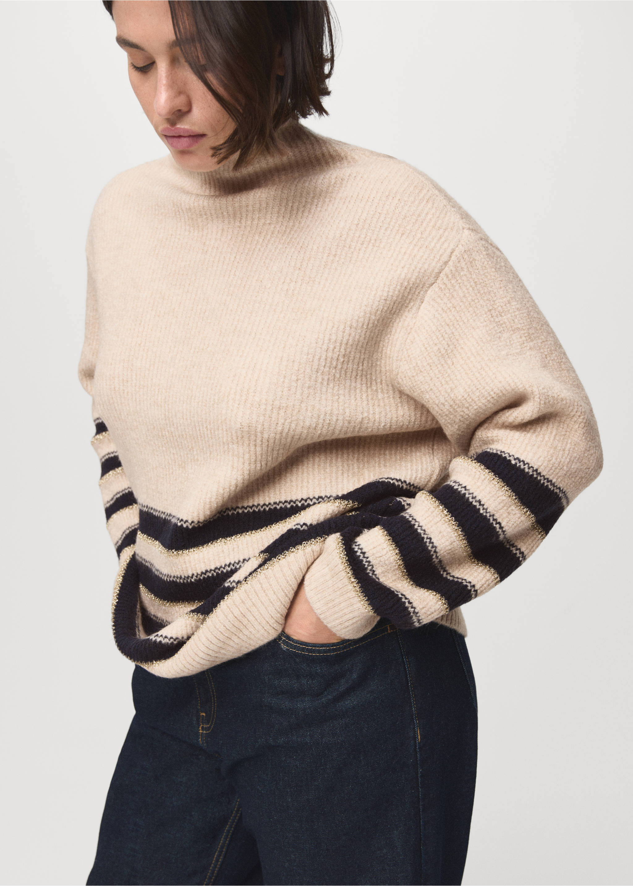 Striped sweater with perkins neck - Details of the article 5, Ecru. Ref: 87090450-00.