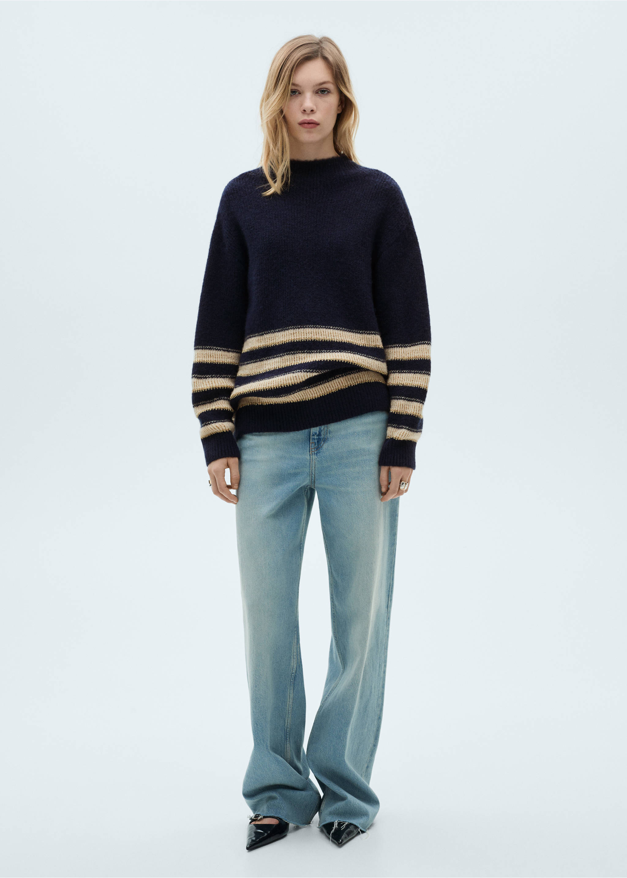 Pull-over rayures col montant - Plan général, Bleu marine foncé. Ref: 87090450-00.
