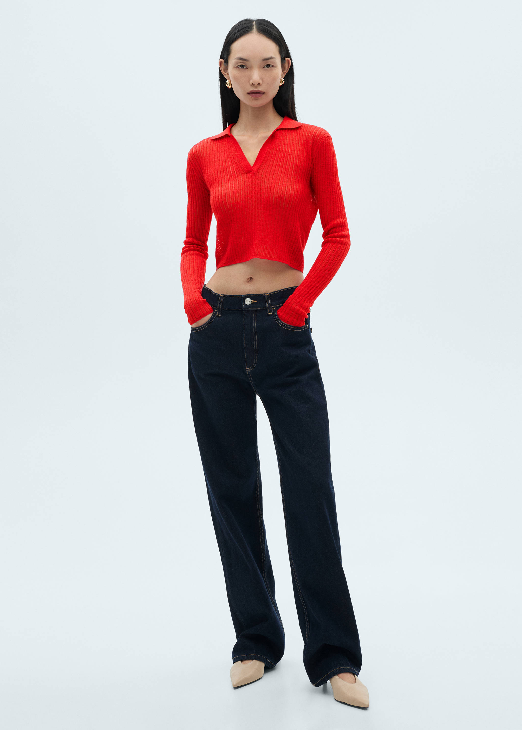 Geripptes T-Shirt mit Polokragen - Allgemeine Ansicht