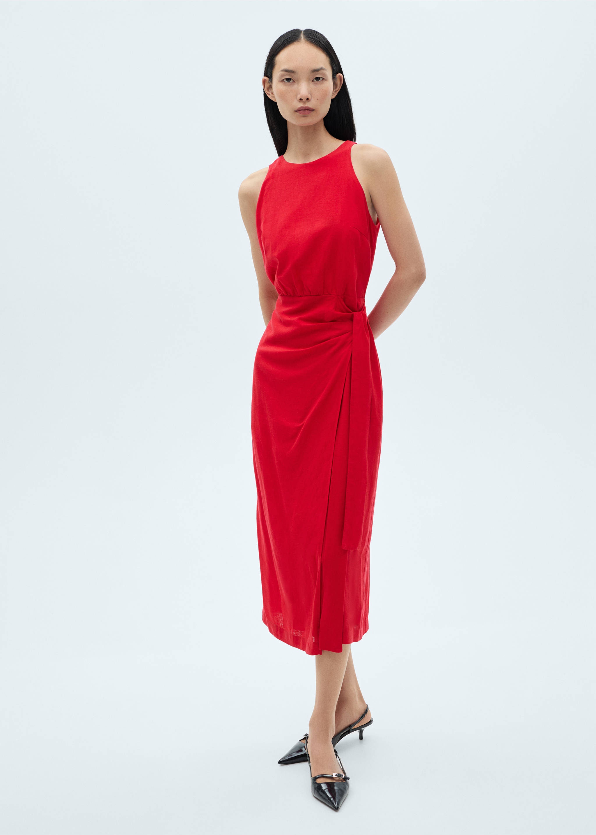 Linen dress with sarong skirt - General plane, Red. Ref: 87090589-00.