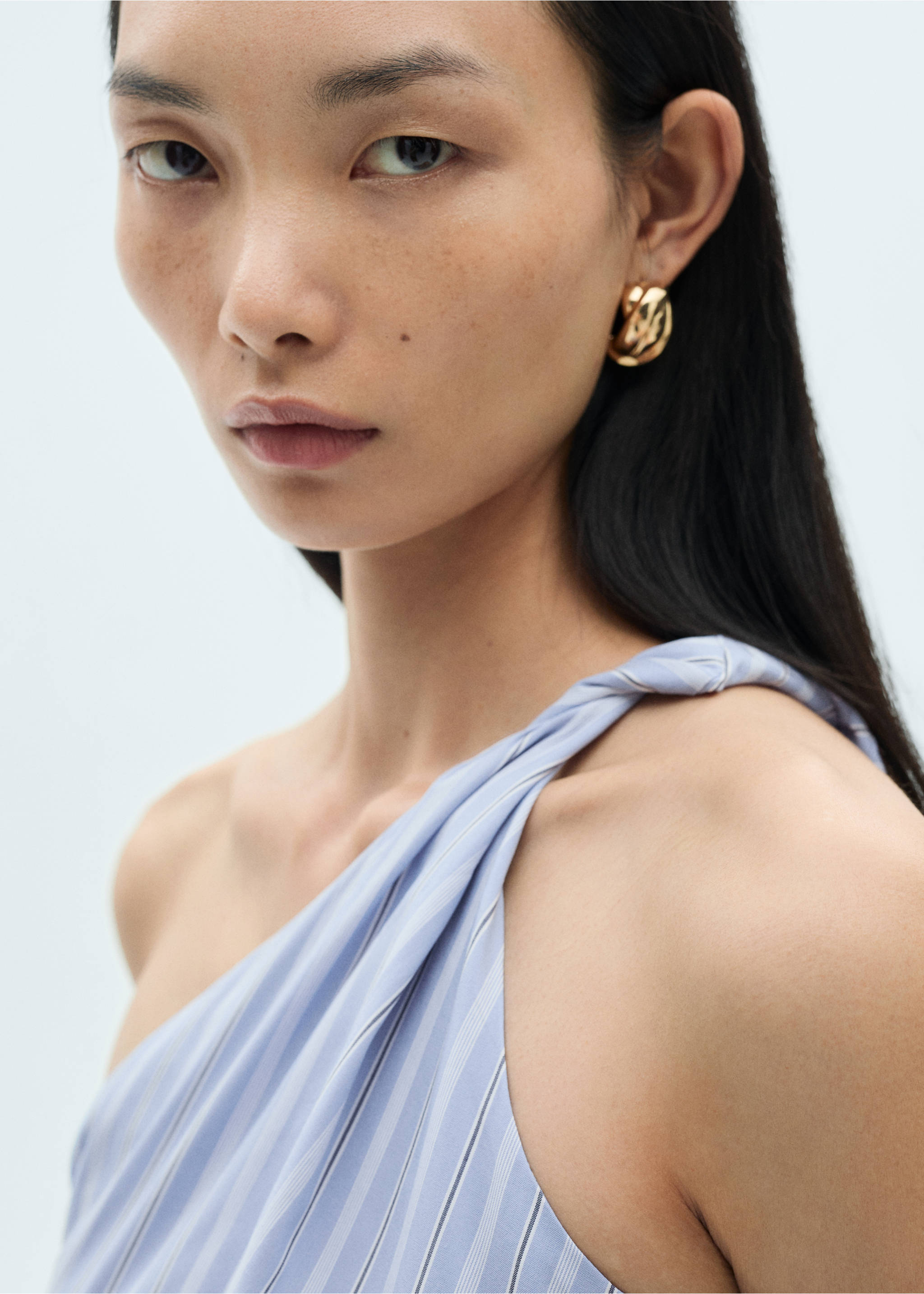 Striped draped asymmetrical dress - Details of the article 1, Blue. Ref: 87090593-00.