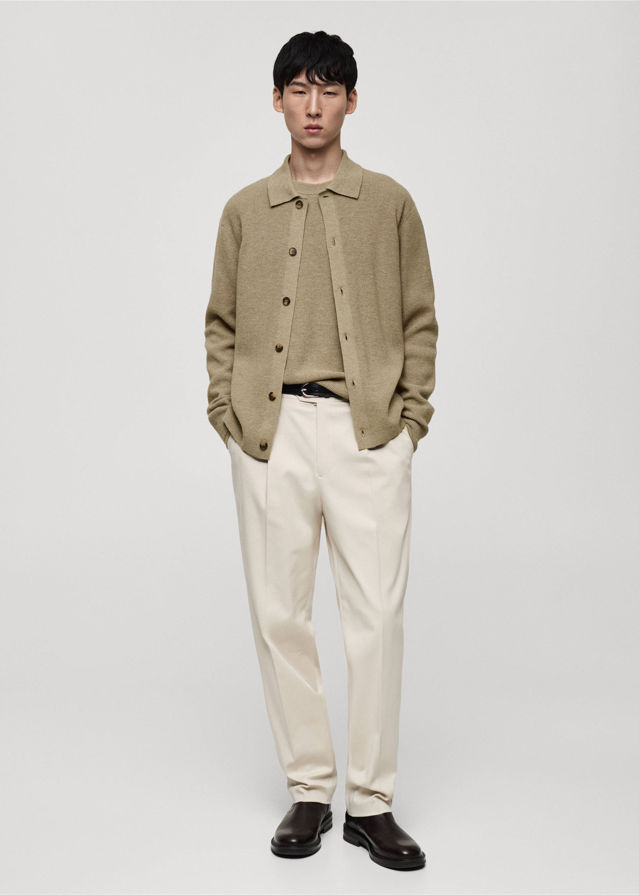 Cardigan polo laine mélangée - Plan général, Gris vison. Ref: 87090599-00.