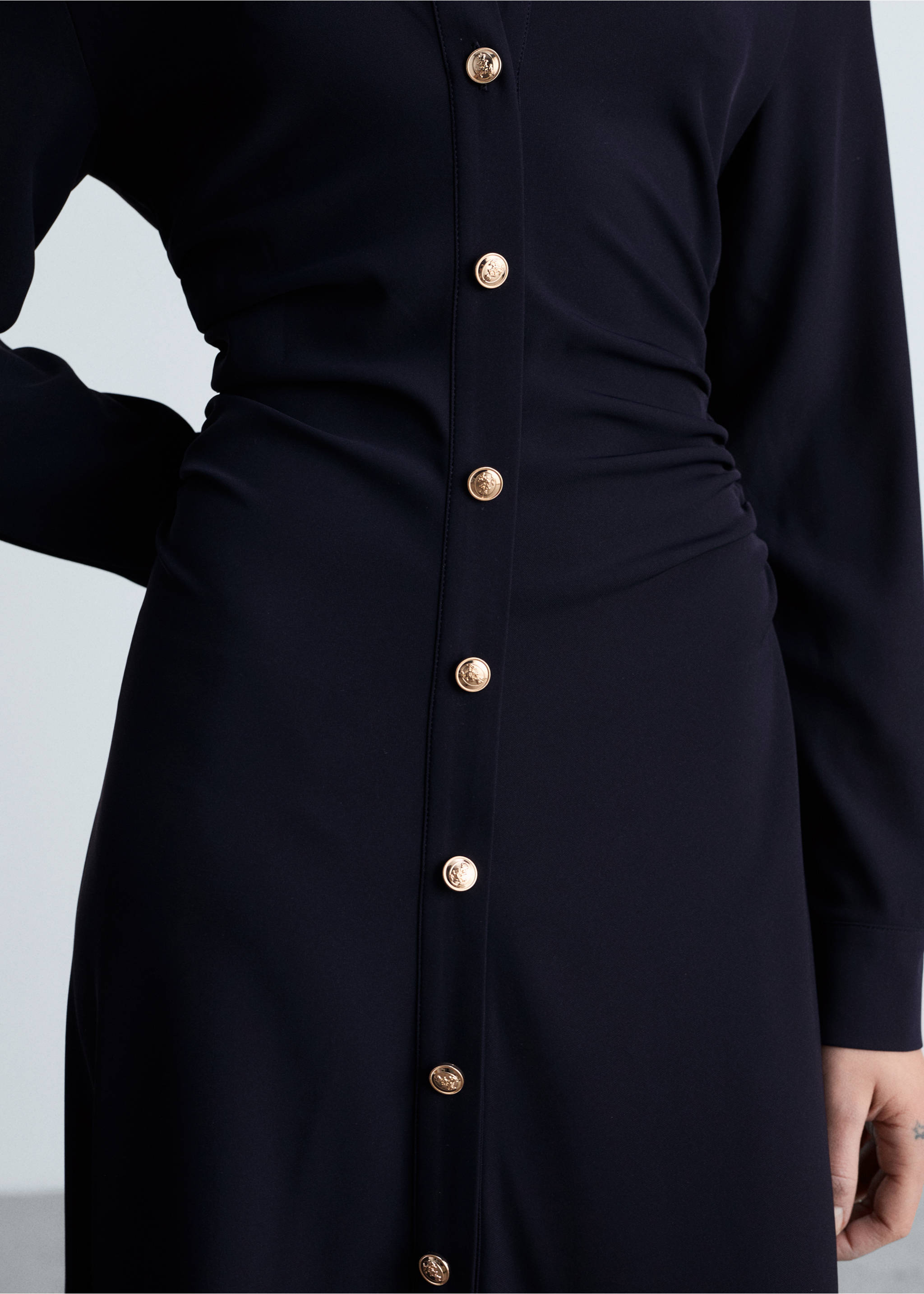 Midi-dress with draped waist - Details of the article 3, Dark Navy. Ref: 87090629-00.