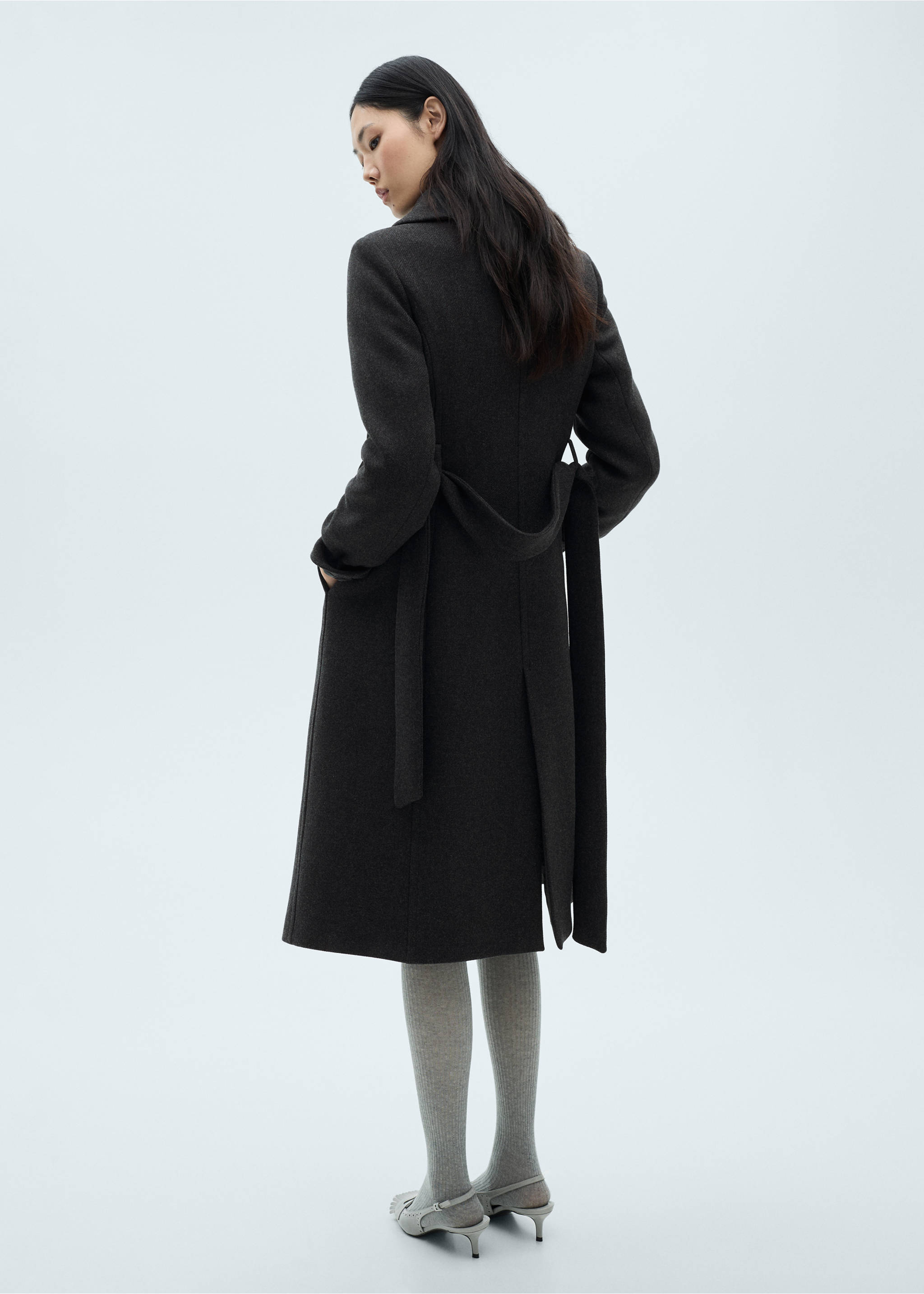 Woollen coat with belt - Reverse of the article, Grey. Ref: 87090649-00.