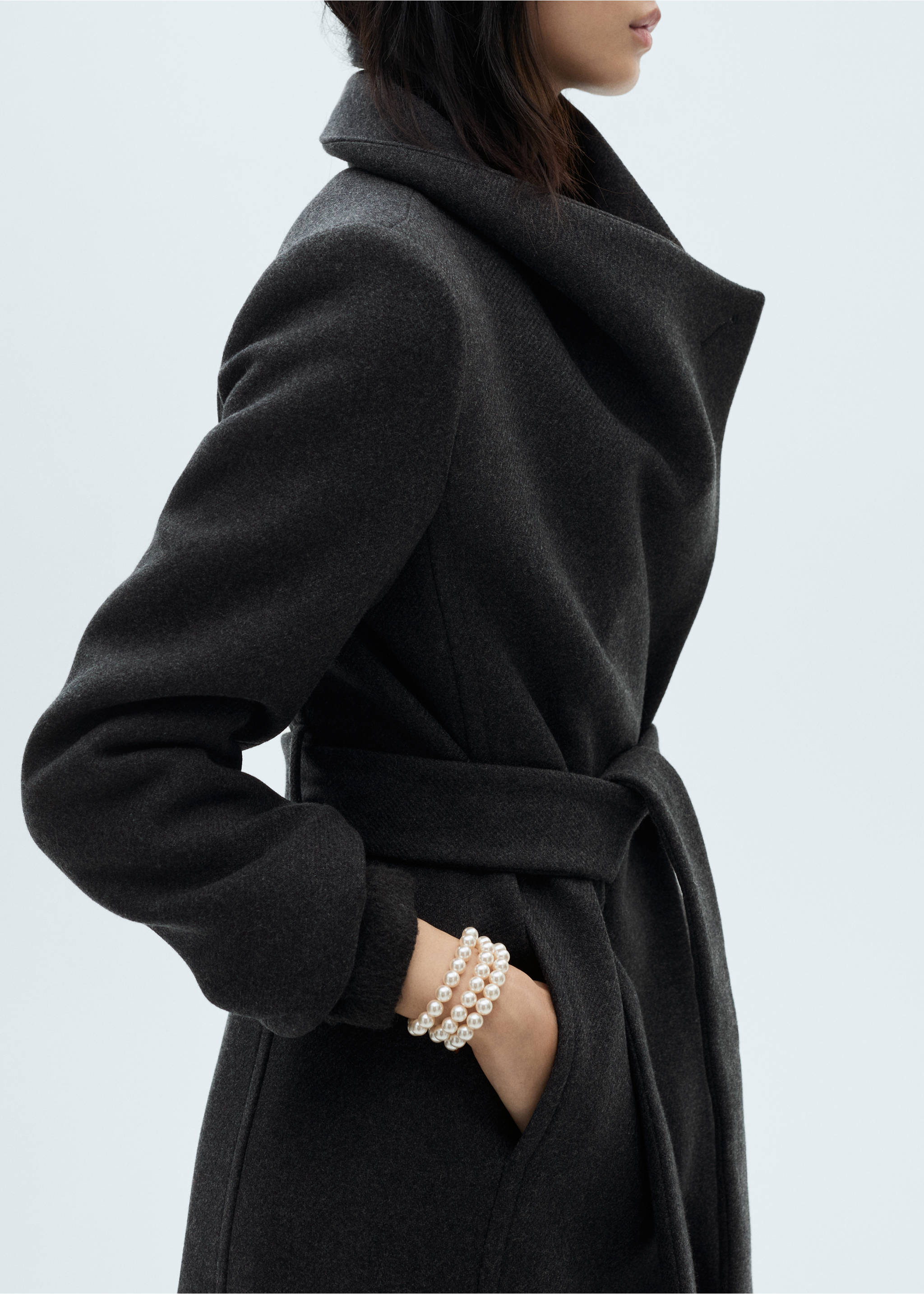 Woollen coat with belt - Details of the article 6, Grey. Ref: 87090649-00.