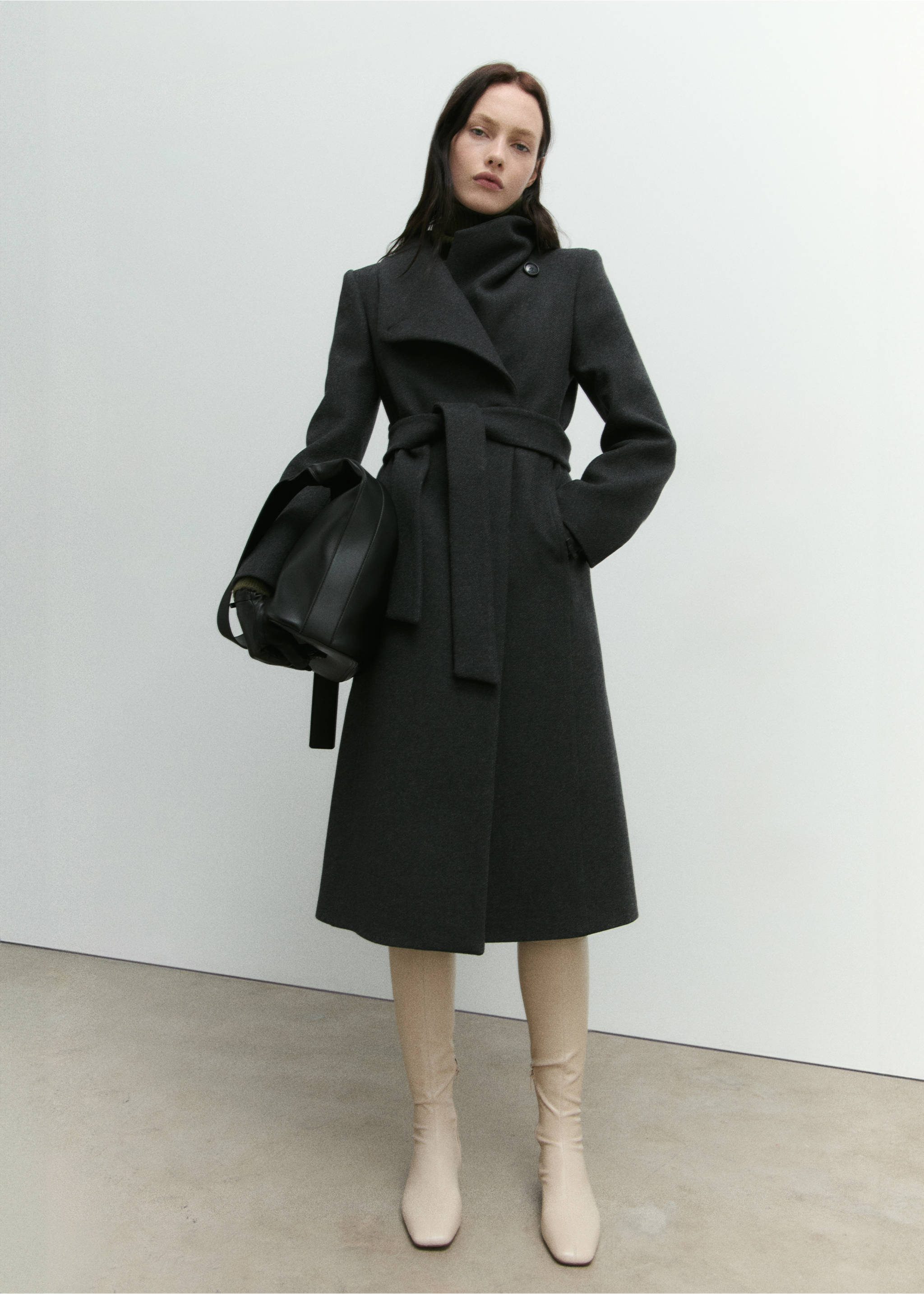 Woollen coat with belt - Details of the article 7, Grey. Ref: 87090649-00.