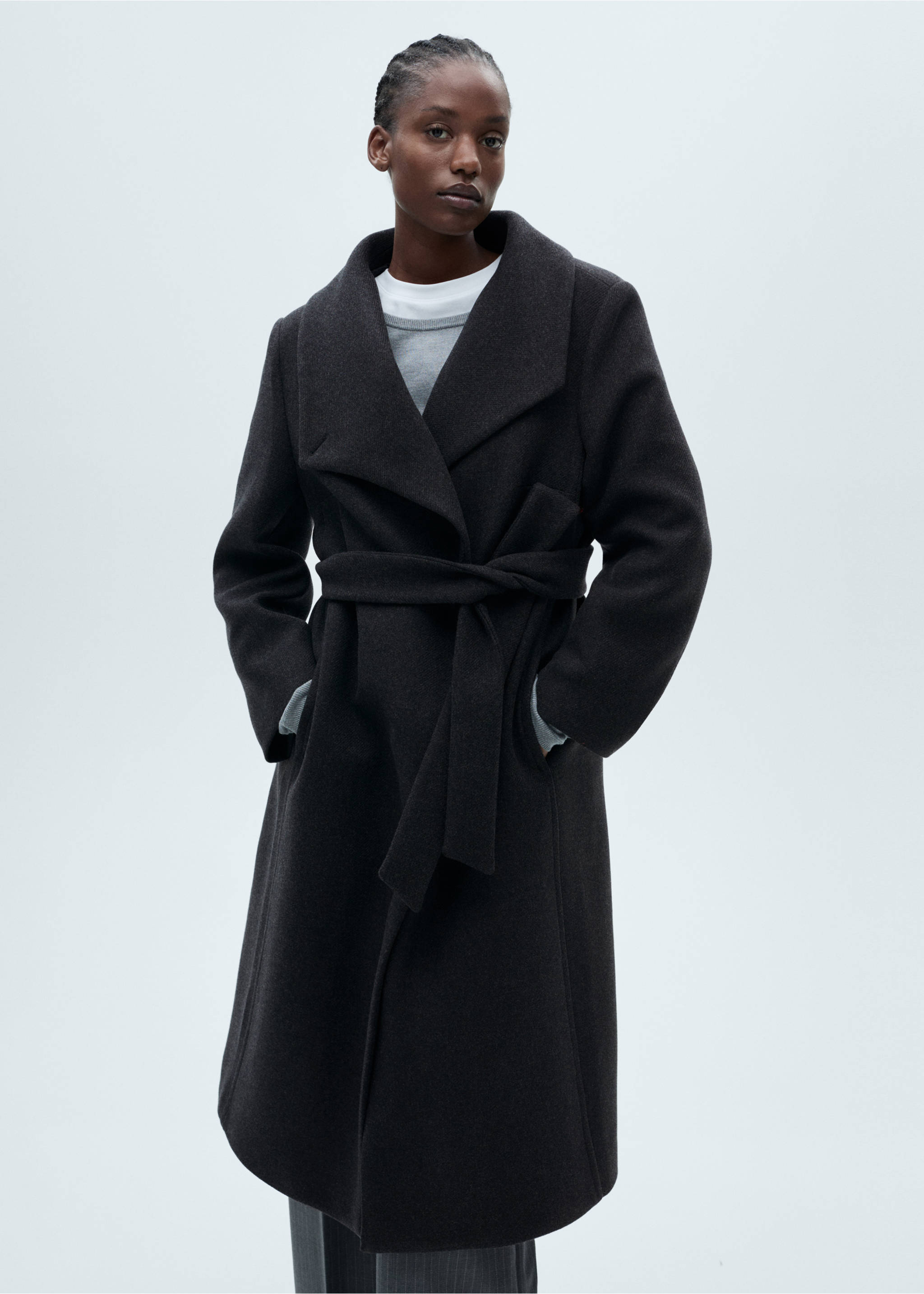 Woollen coat with belt - Details of the article 5, Grey. Ref: 87090649-00.