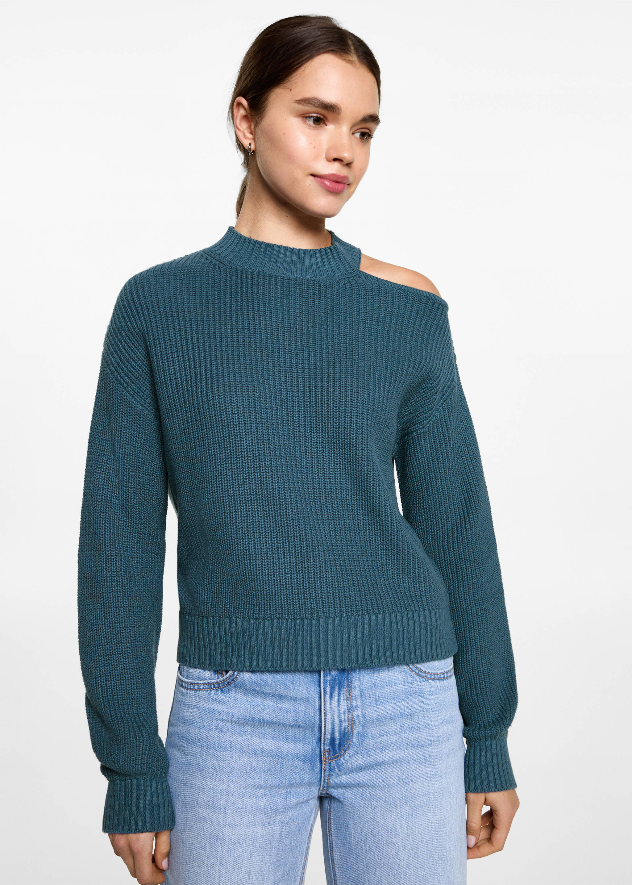 Asymmetrical sweater with shoulder opening - Medium plane, Turquoise. Ref: 87092537-00.