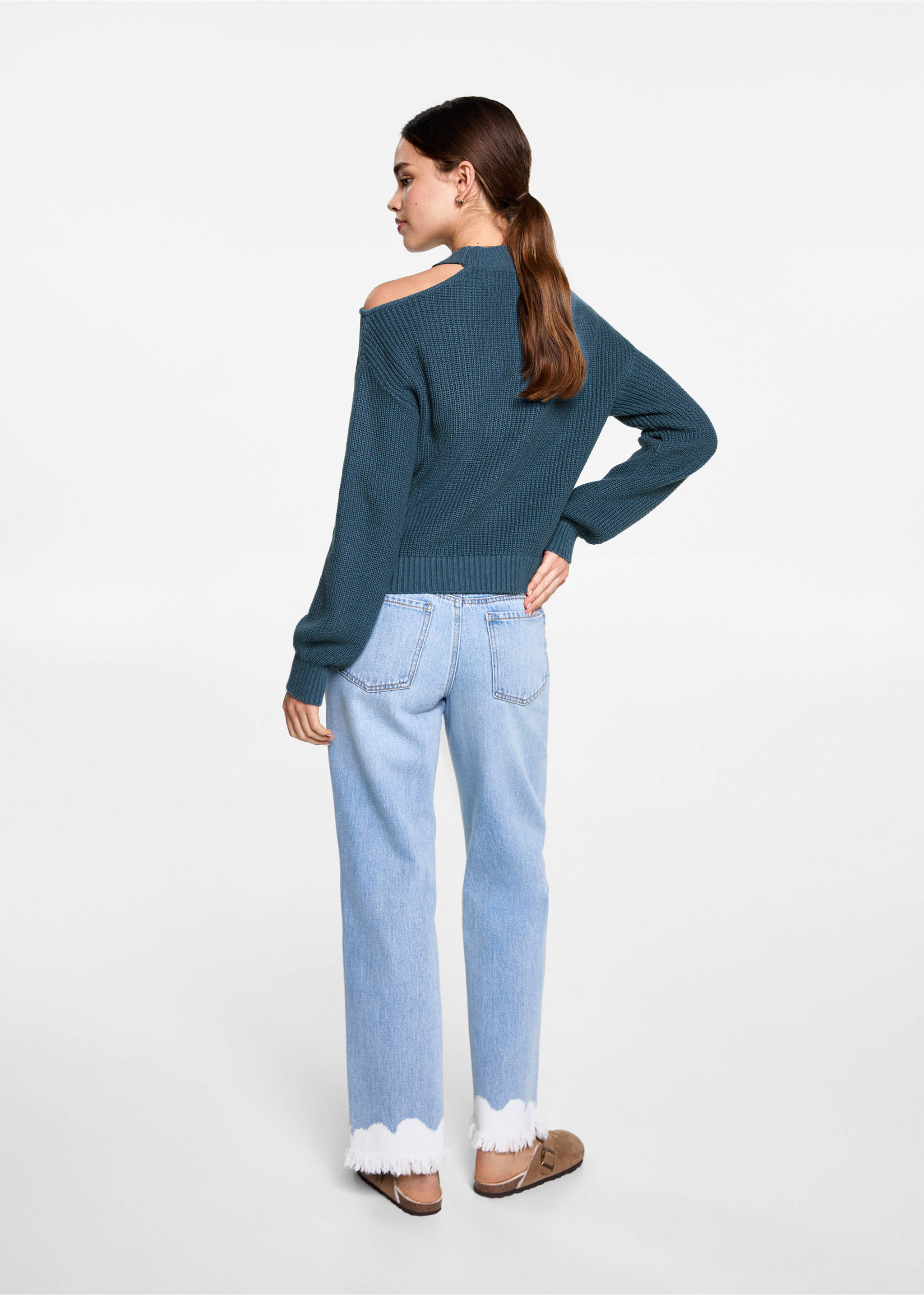 Asymmetrical sweater with shoulder opening - Reverse of the article, Turquoise. Ref: 87092537-00.