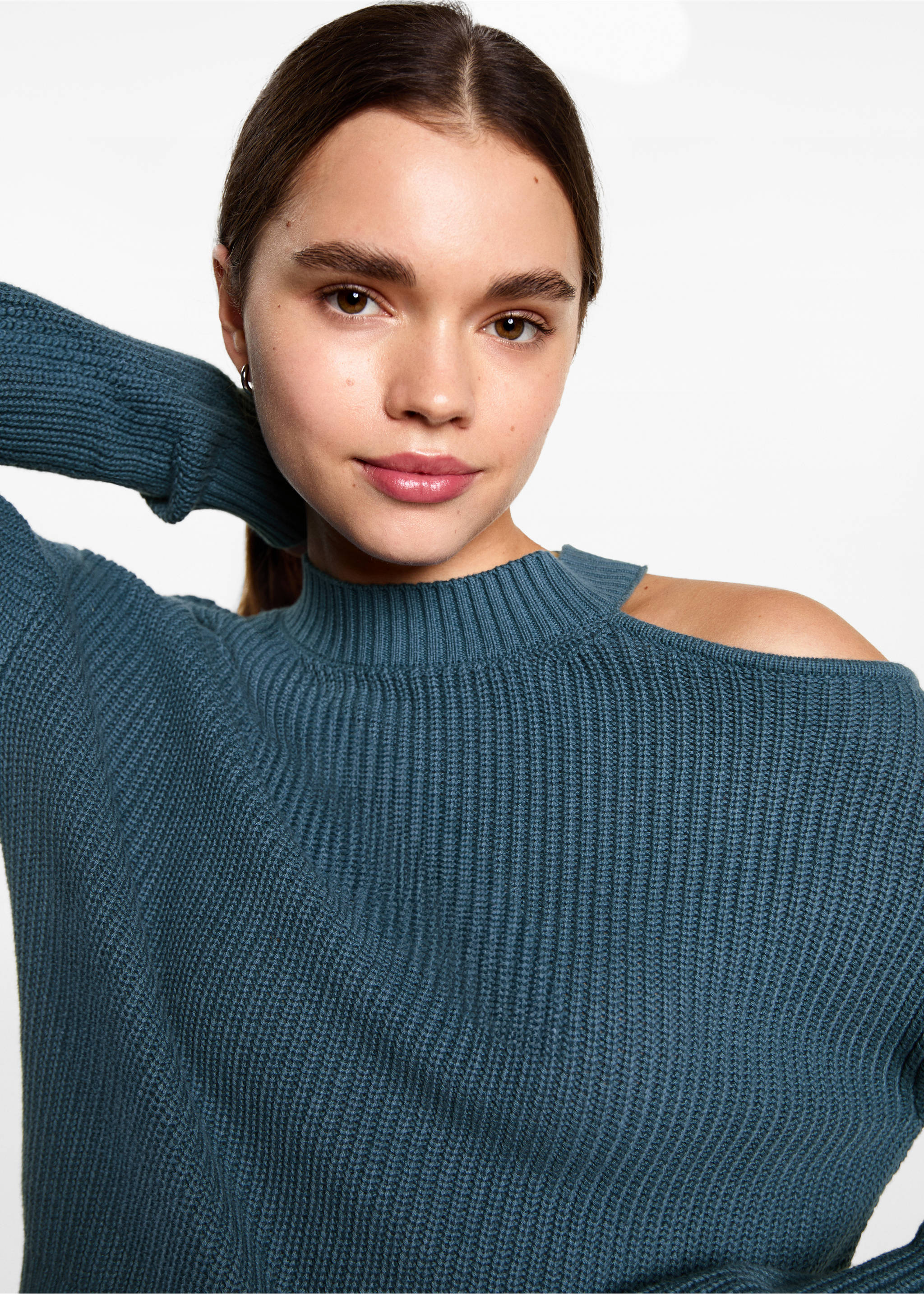 Asymmetrical sweater with shoulder opening - Details of the article 1, Turquoise. Ref: 87092537-00.