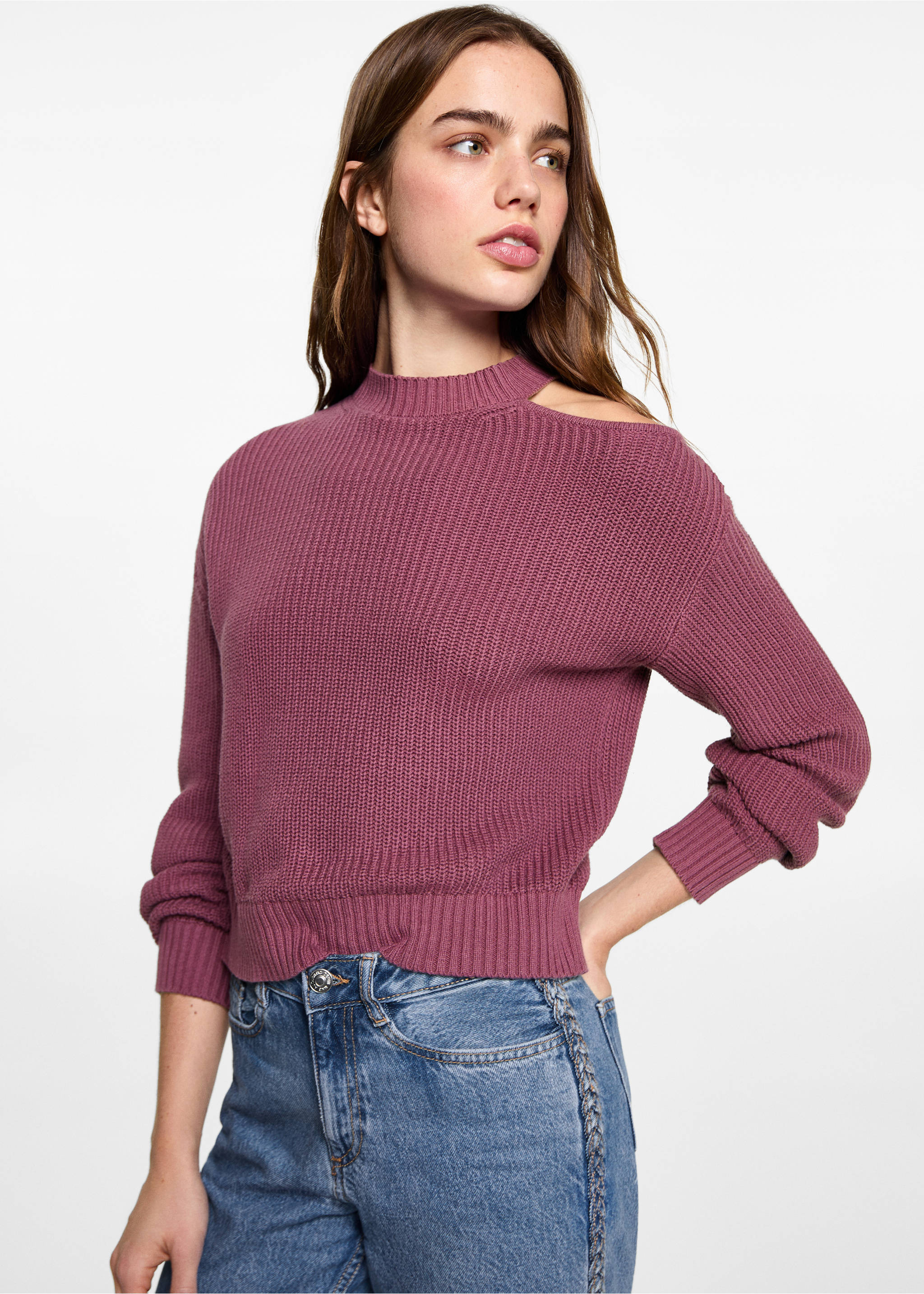 Asymmetrical sweater with shoulder opening - Medium plane, Purple. Ref: 87092537-00.