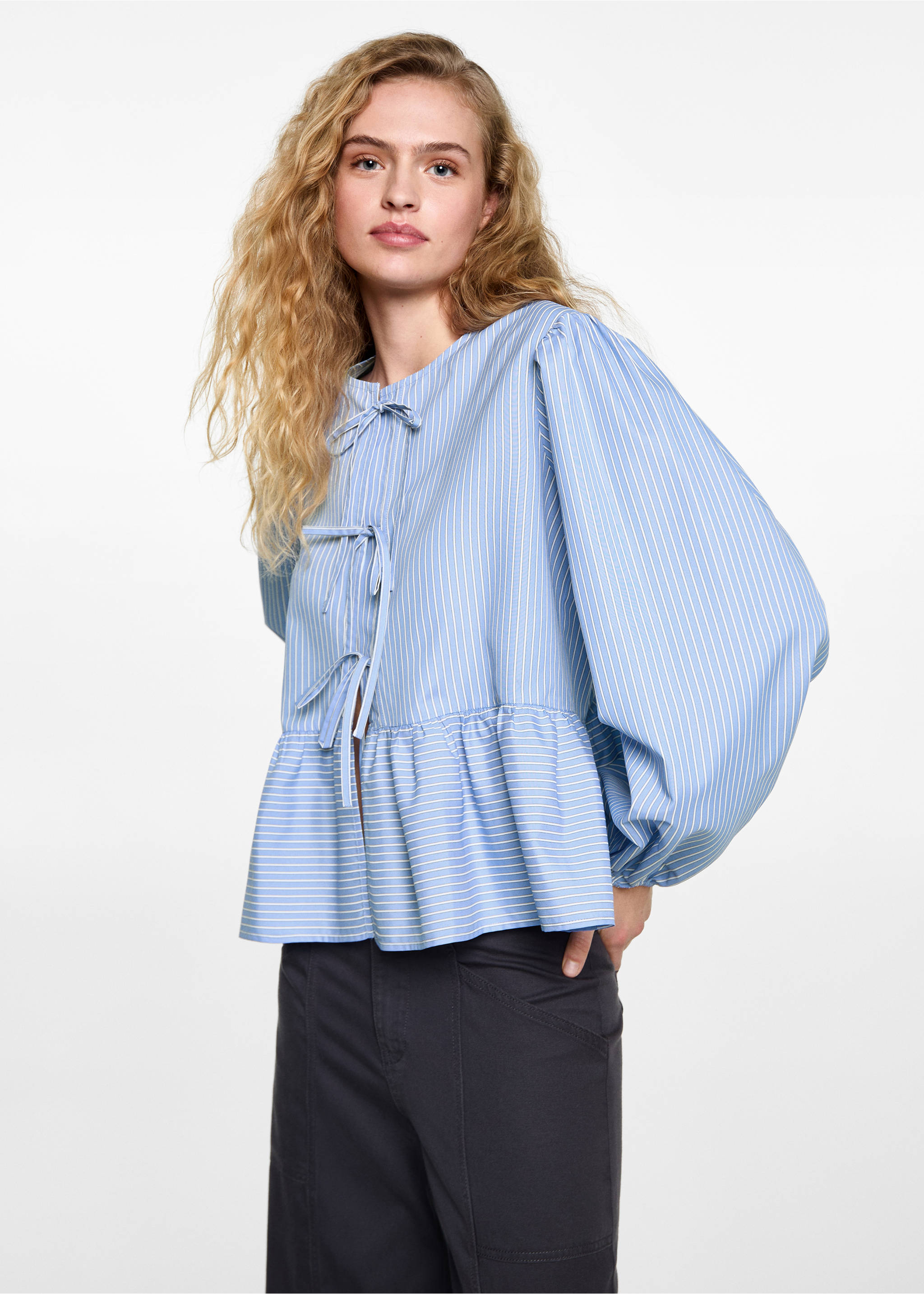 Striped bow blouse - Medium plane, Blue. Ref: 87092539-00.