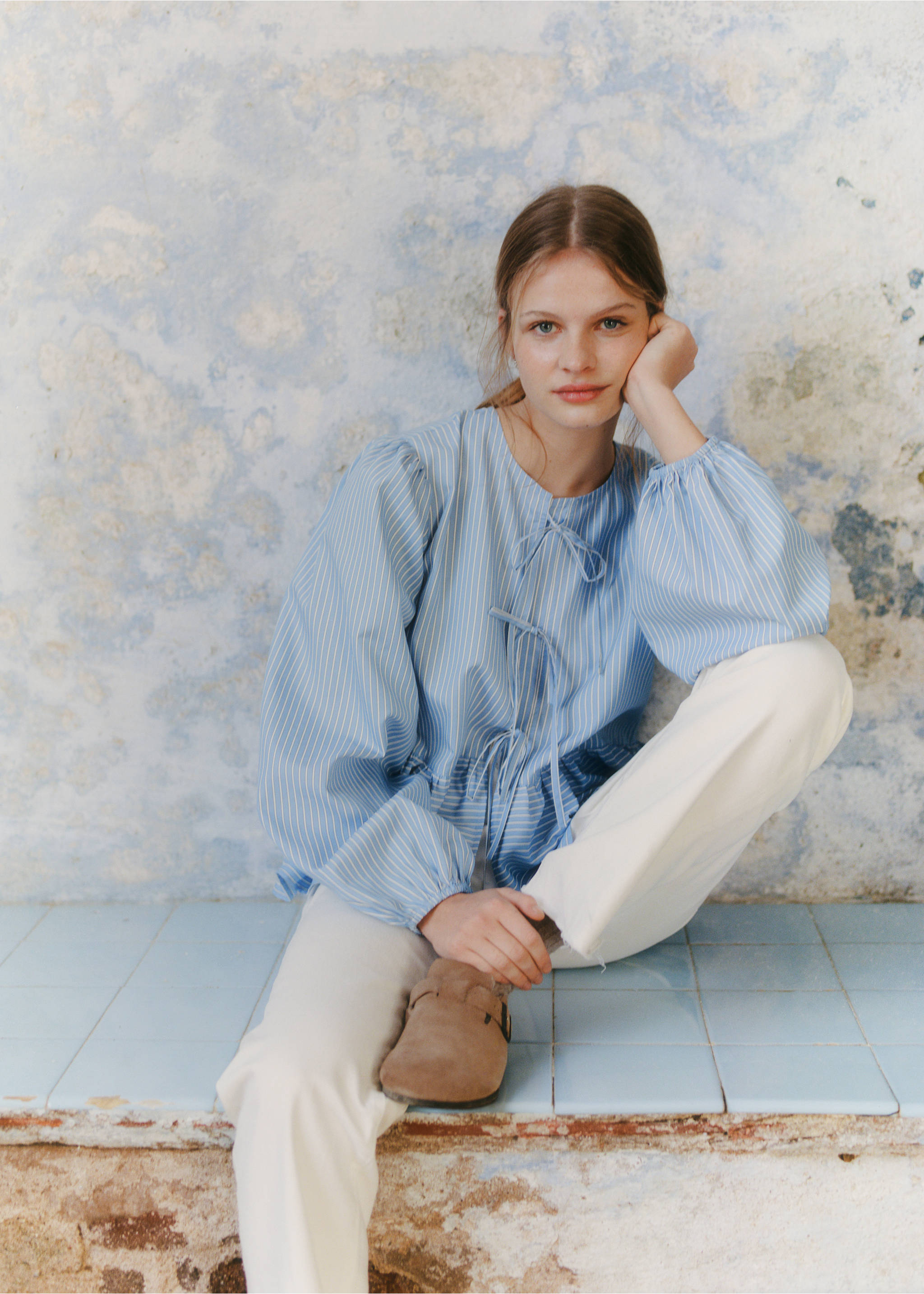 Striped bow blouse - Details of the article 5, Blue. Ref: 87092539-00.