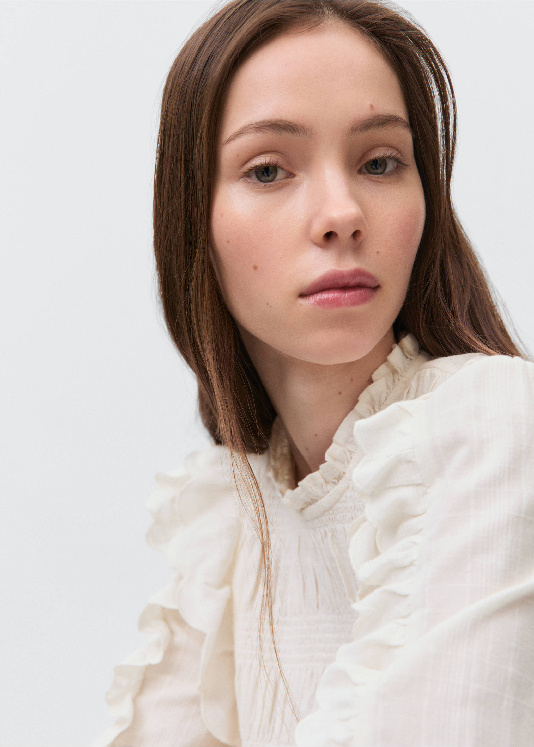Ruched blouse with ruffles - Details of the article 1, Off White. Ref: 87093277-00.