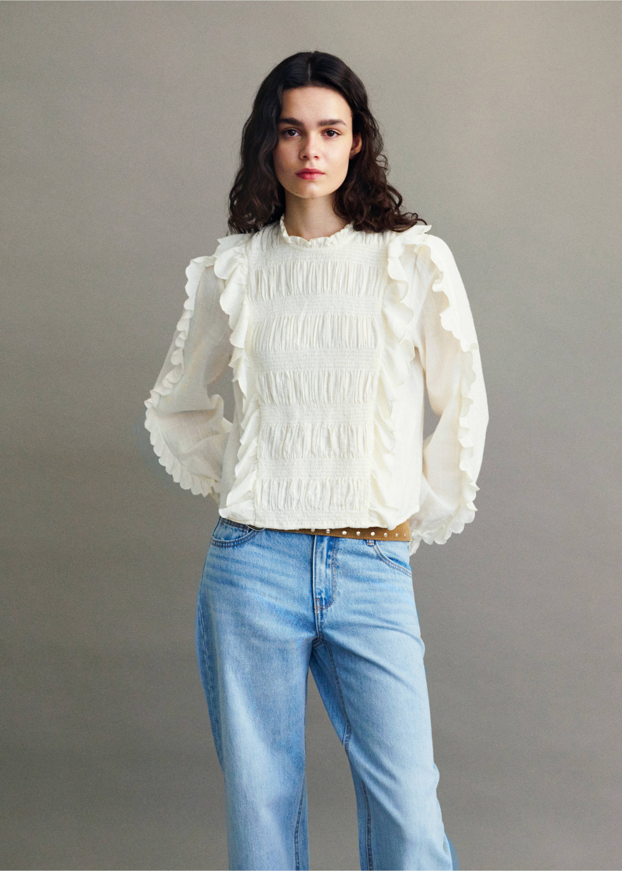 Ruched blouse with ruffles - Details of the article 5, Off White. Ref: 87093277-00.