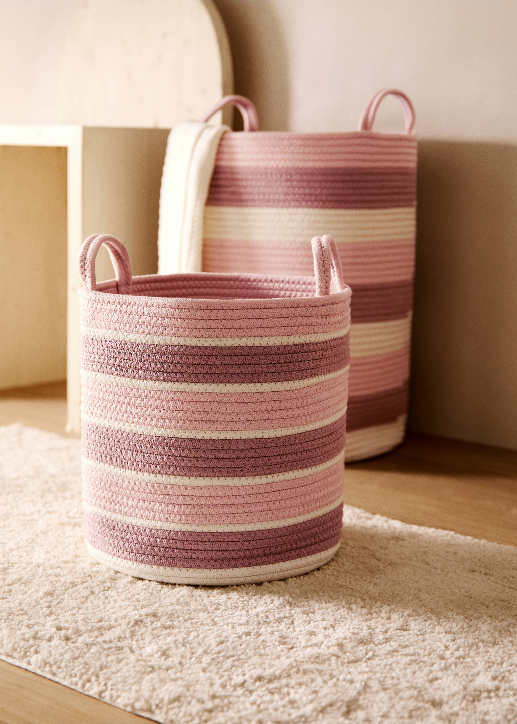 Medium striped double-handle children's basket - General plane, Pink. Ref: 87093305-00.
