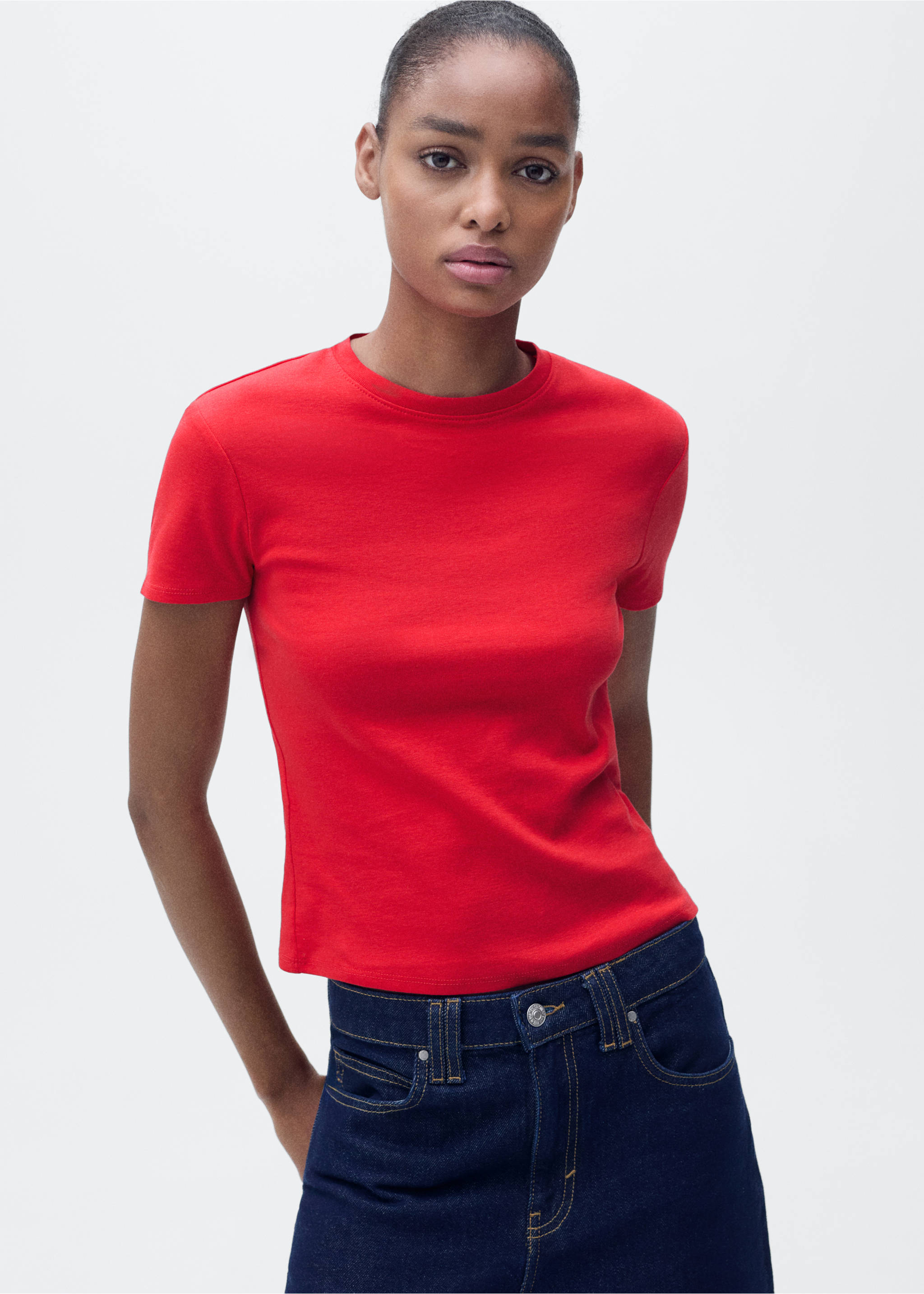 Tailliertes Baumwoll-T-Shirt - Mittlere Ansicht, Rot. Ref: 87094088-00.