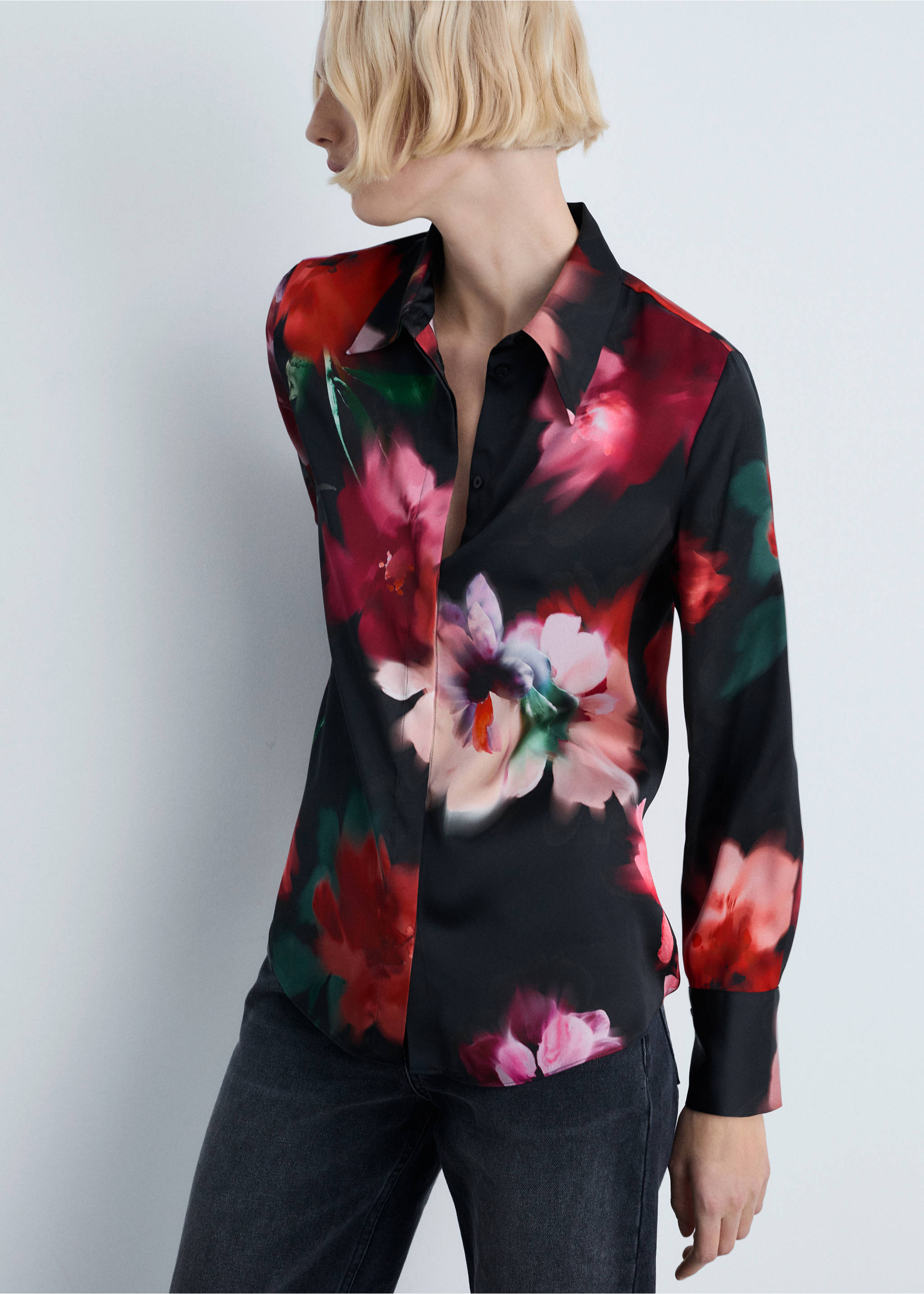 Satin print shirt - Medium plane, Black. Ref: 87094093-00.
