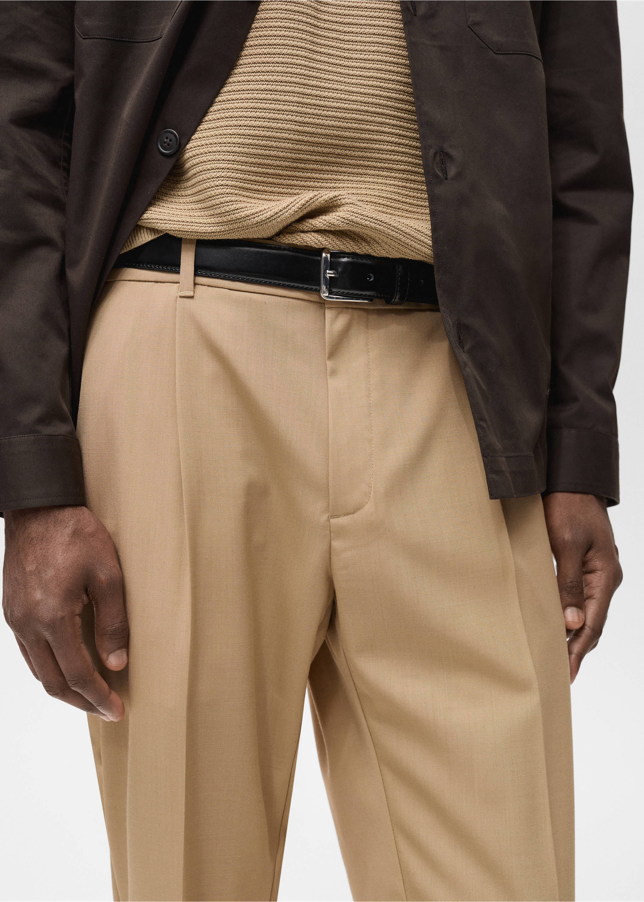 Slim-fit pleated cool wool trousers - Details of the article 1, Medium Brown. Ref: 87094388-00.