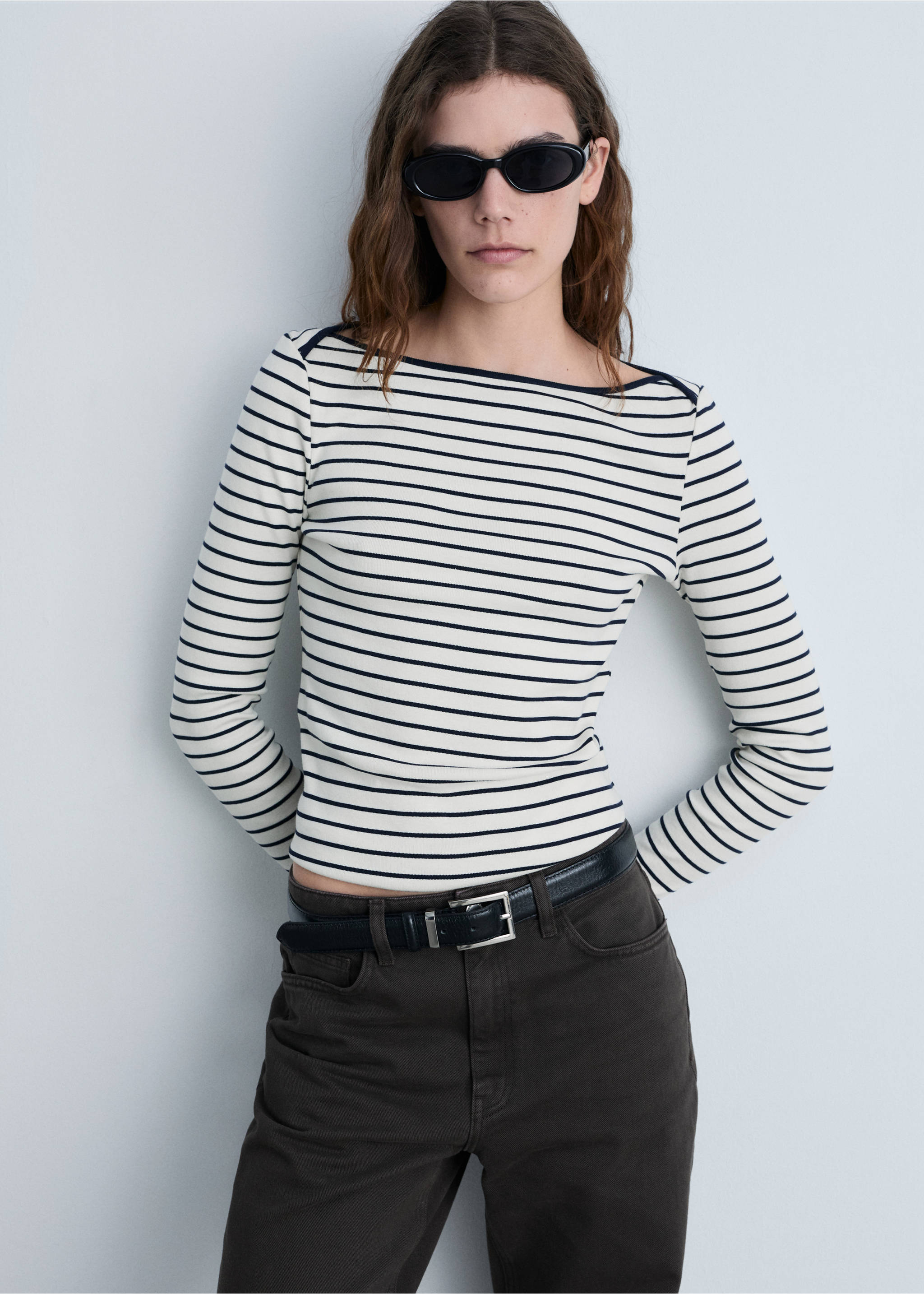 Striped boat-neck t-shirt - Medium plane, Off White. Ref: 87094416-00.
